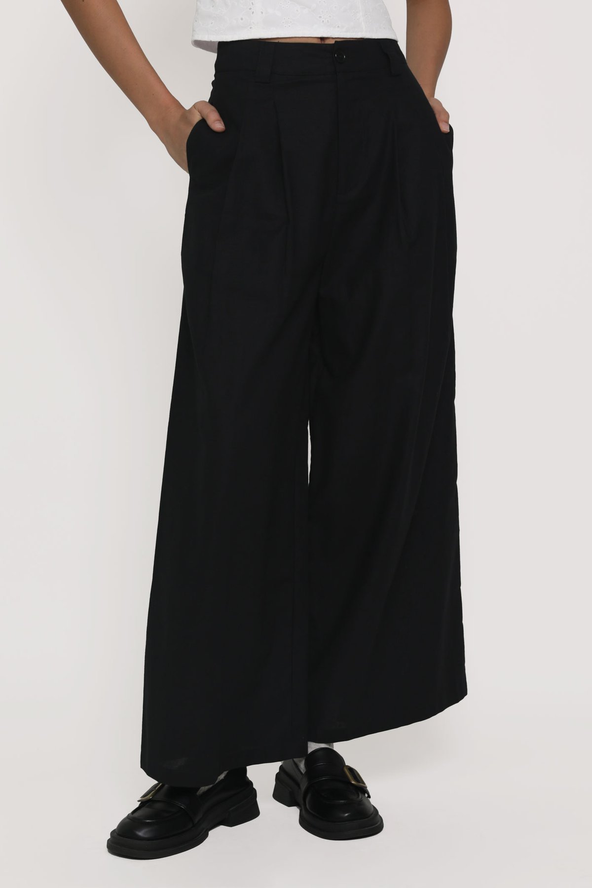 Regular Camila Wide Leg Linen Pants (Black)