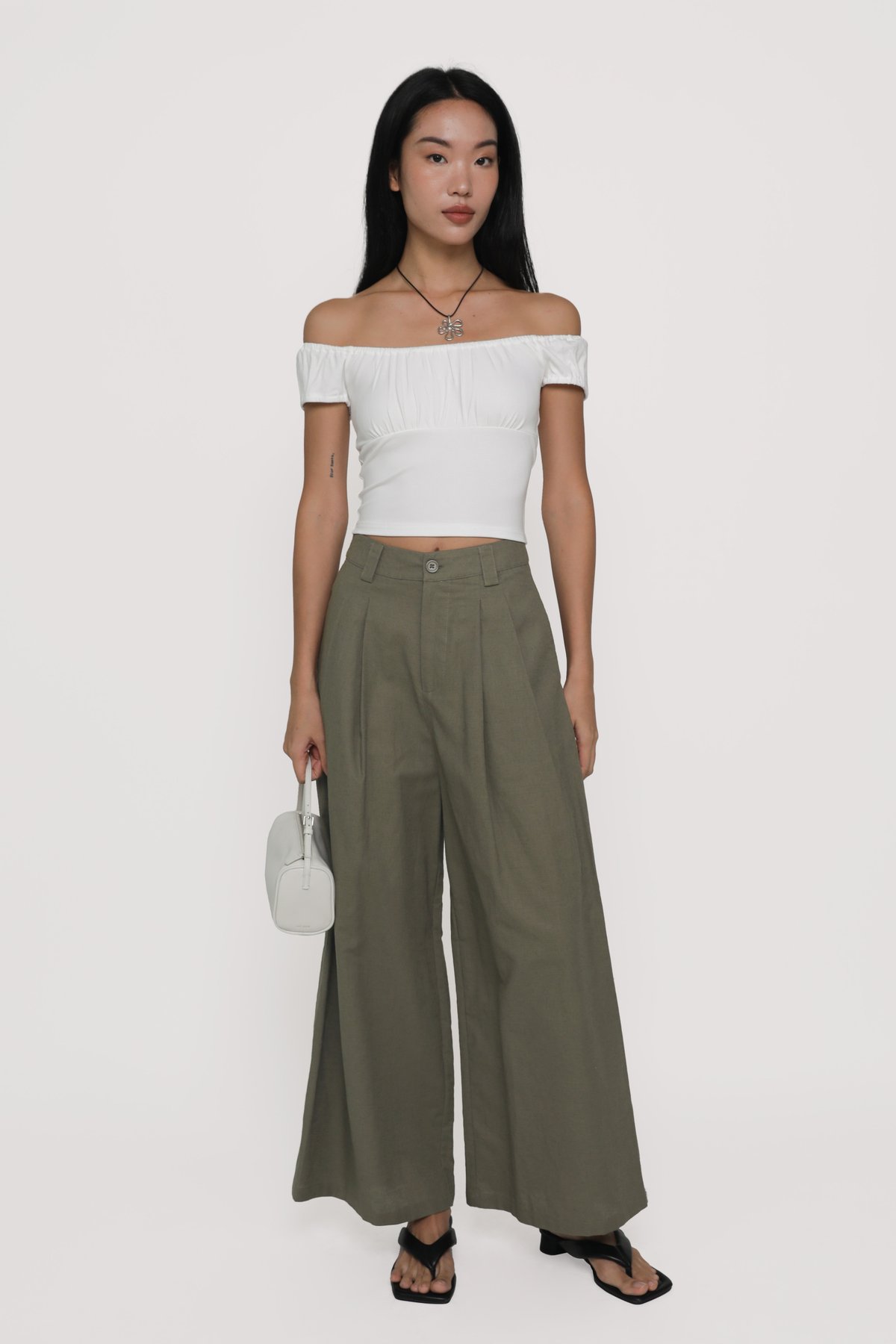 Regular Camila Wide Leg Linen Pants (Dark Olive)