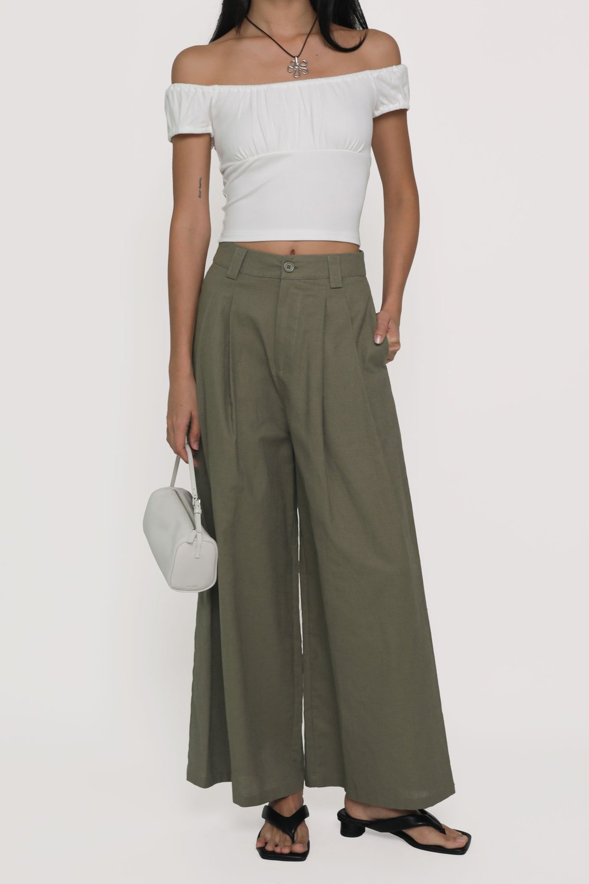 Regular Camila Wide Leg Linen Pants (Dark Olive)