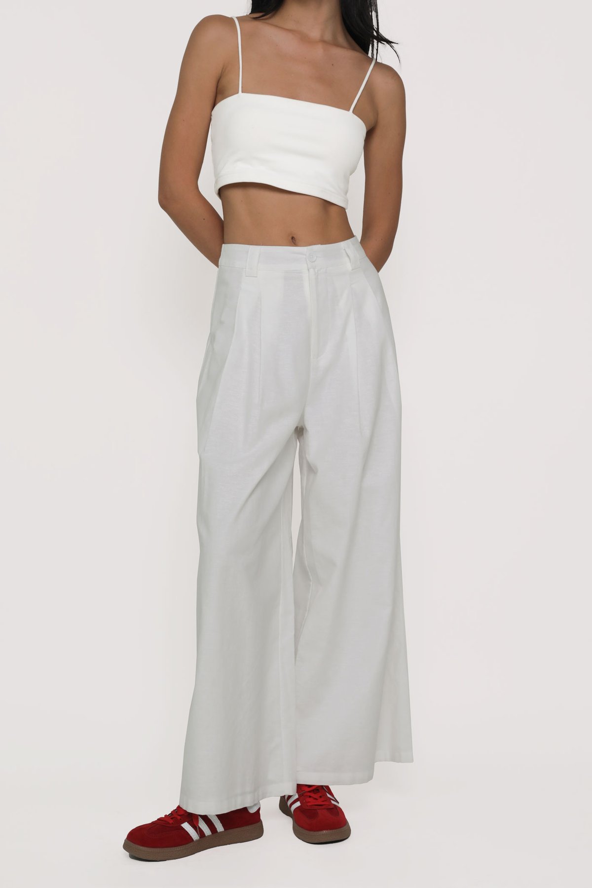 Regular Camila Wide Leg Linen Pants (White)