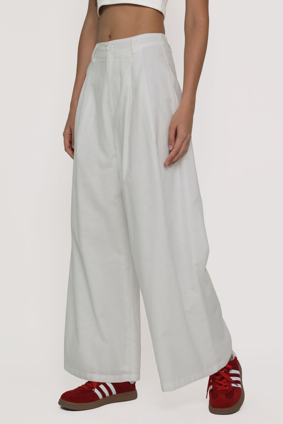 Regular Camila Wide Leg Linen Pants (White)