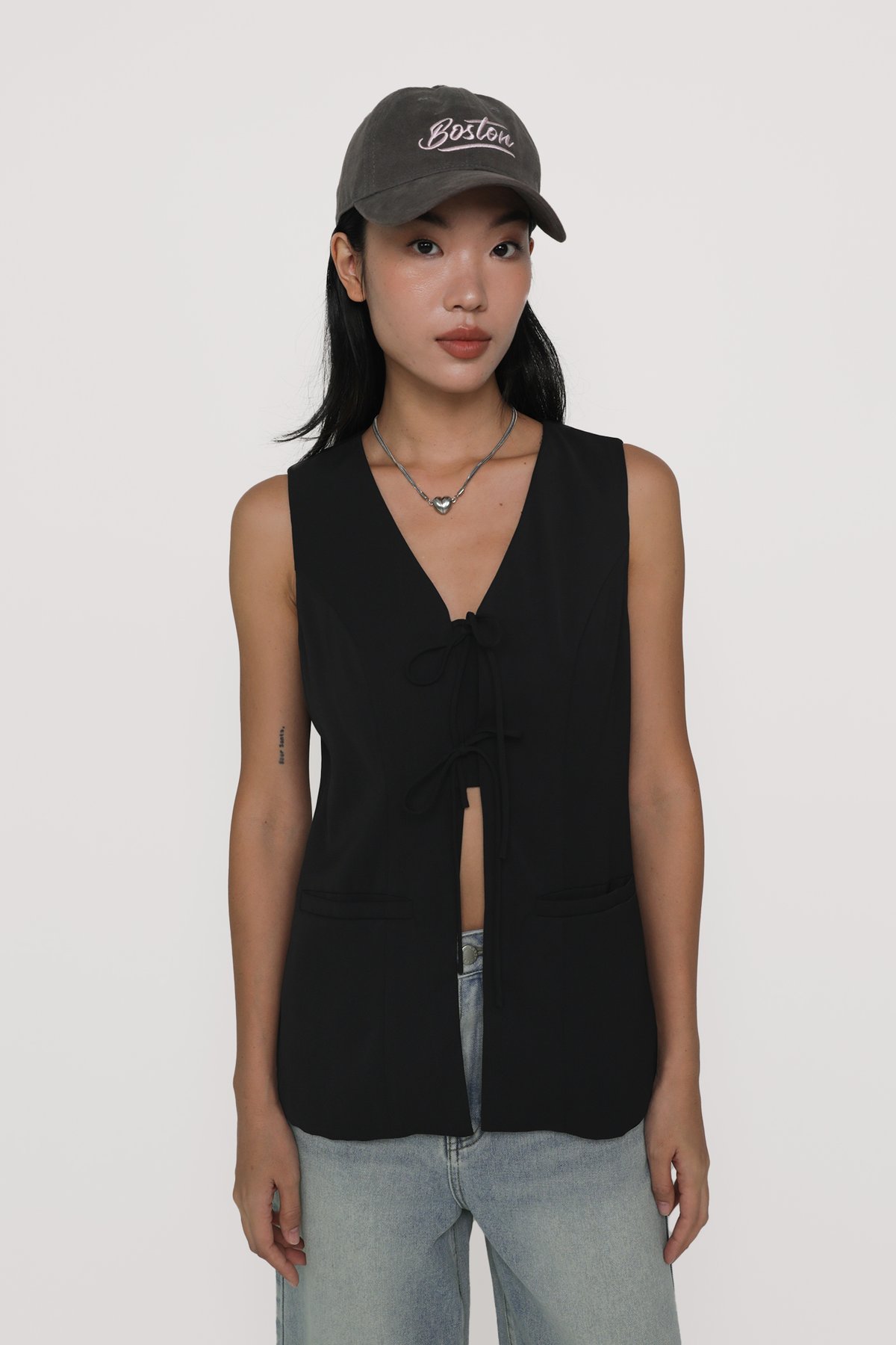 Cera Tie Front Longline Vest Top (Black)