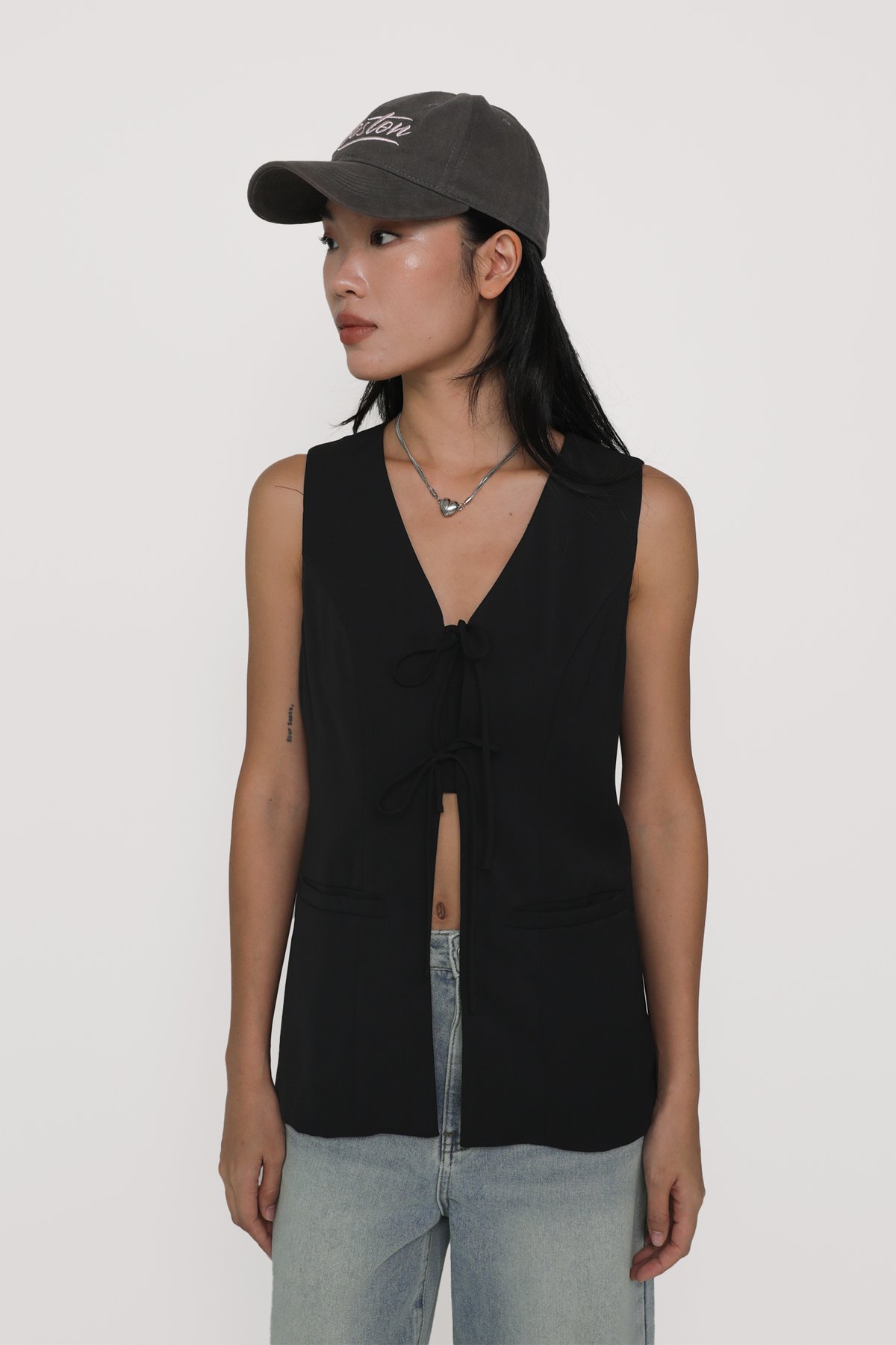 Cera Tie Front Longline Vest Top (Black)