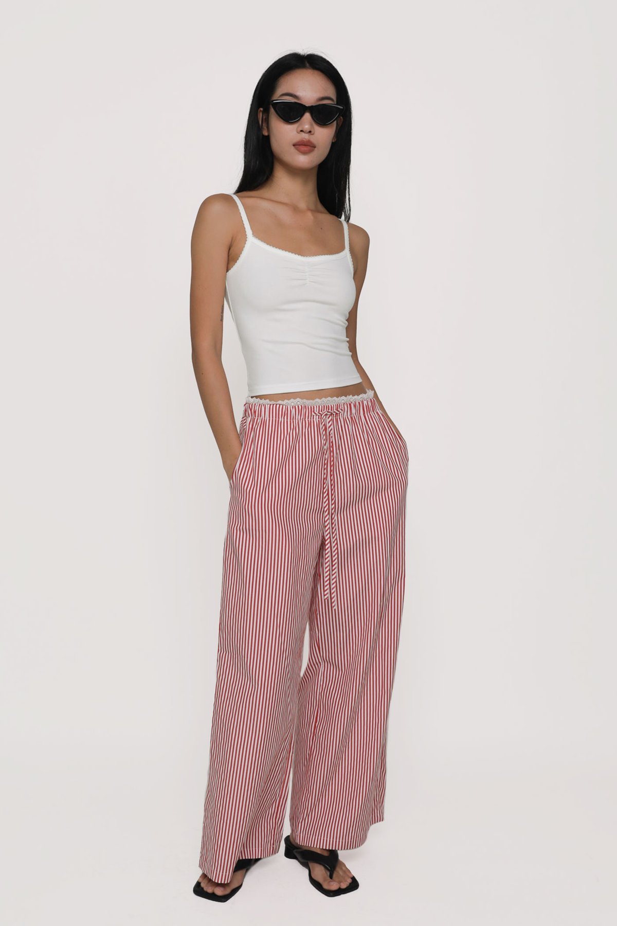 Dayner Lace Trim Drawstring Pants (Red Stripes)