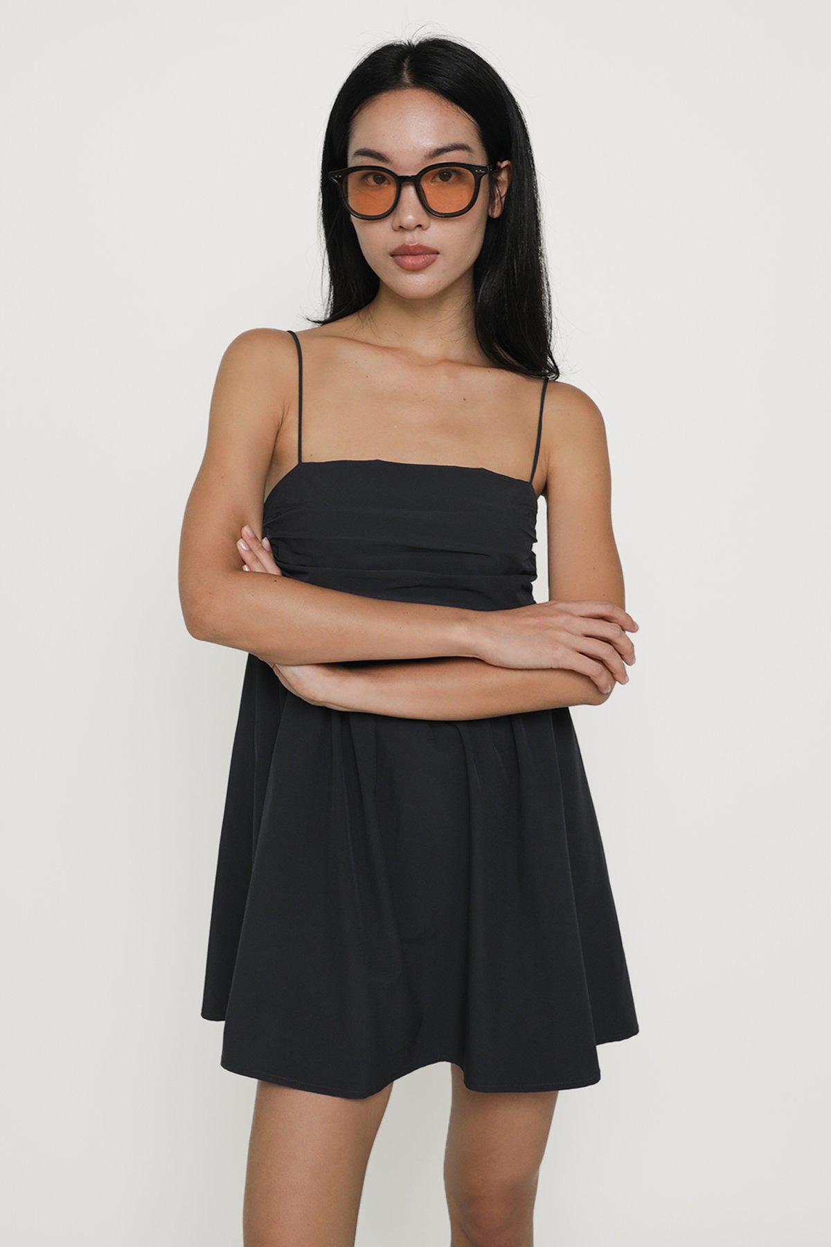 Delphine Ruched Babydoll Romper (Charcoal)