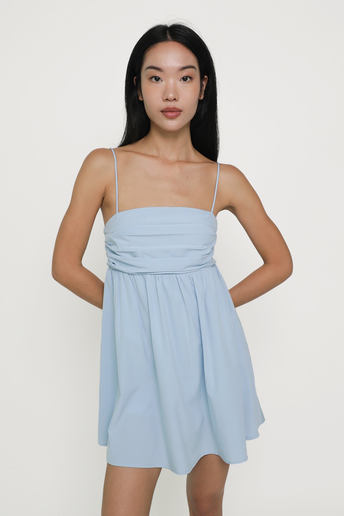 Delphine Ruched Babydoll Romper (Blue)