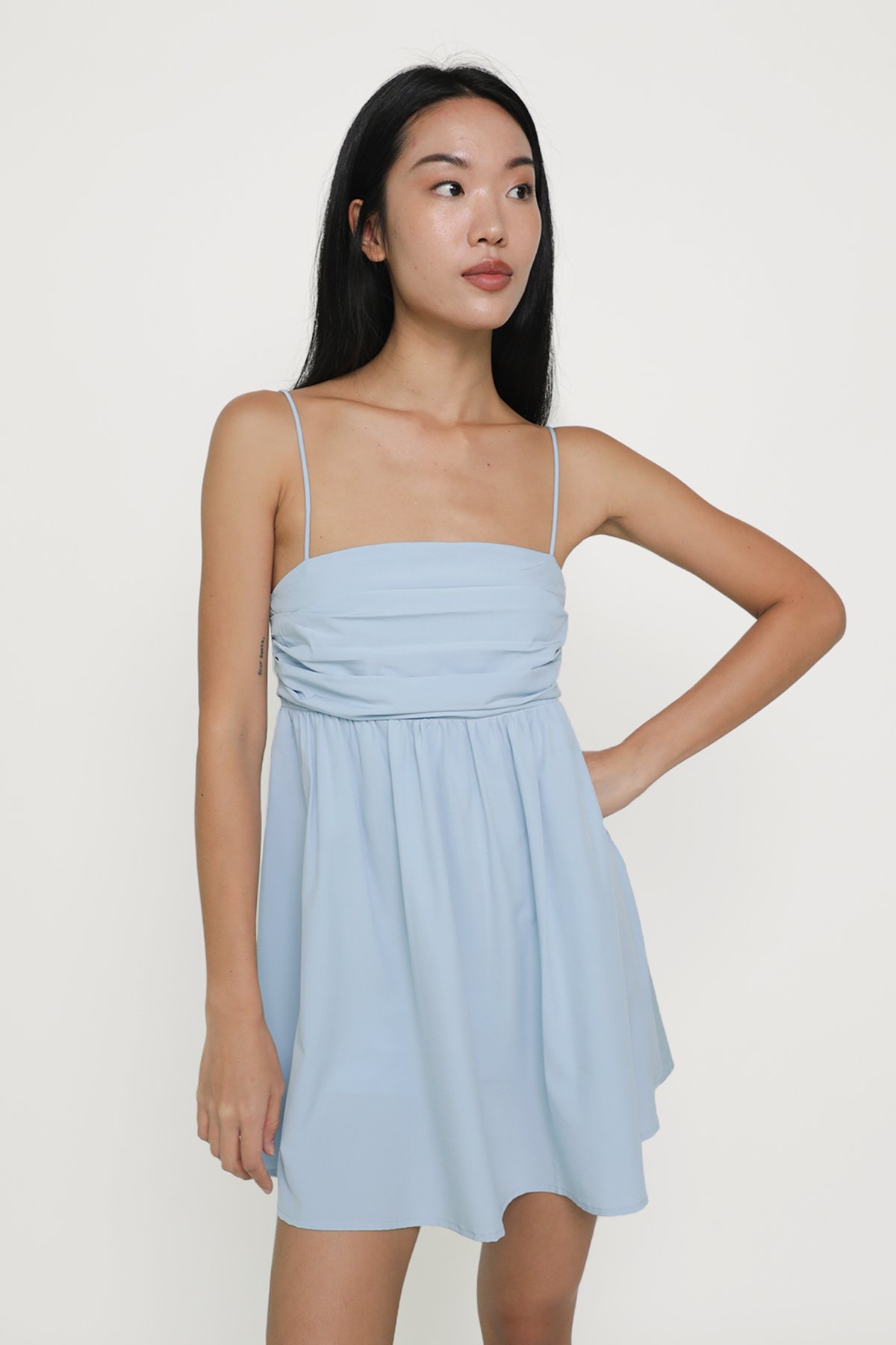 Delphine Ruched Babydoll Romper (Blue)