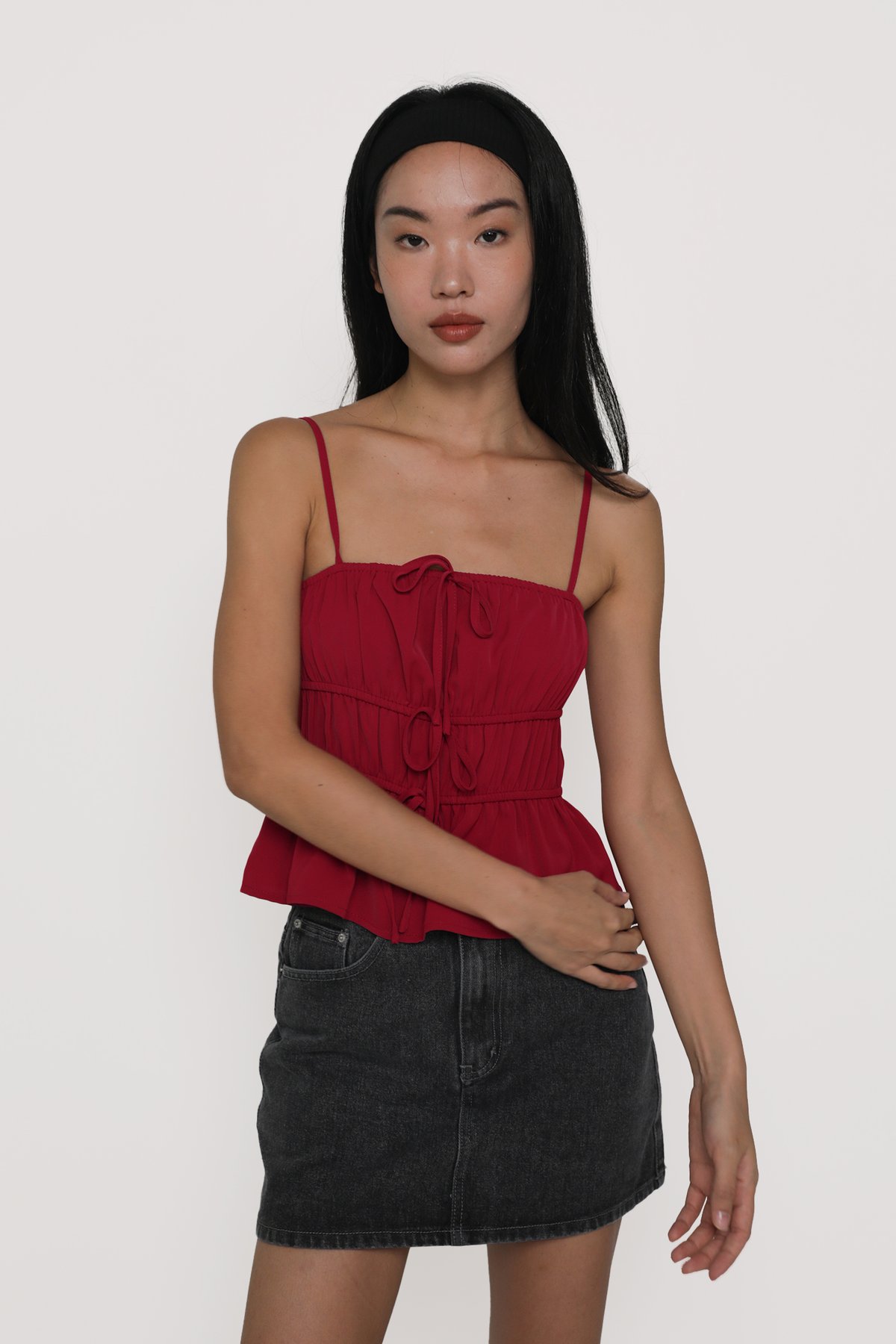 Violetta Ribbon Shirred Top (Red)