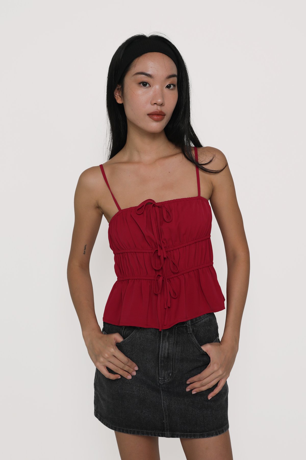 Violetta Ribbon Shirred Top (Red)