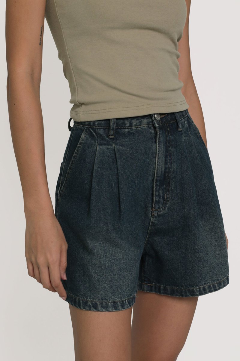 Margaret Pleated Denim Shorts Dark Vintage Wash The Tinsel Rack