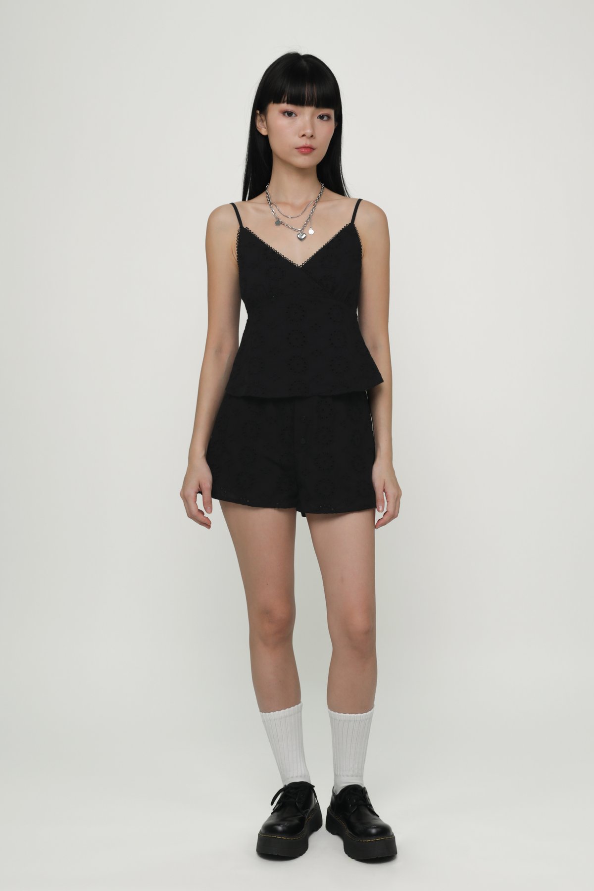 Allie Eyelet Spag Top (Black)