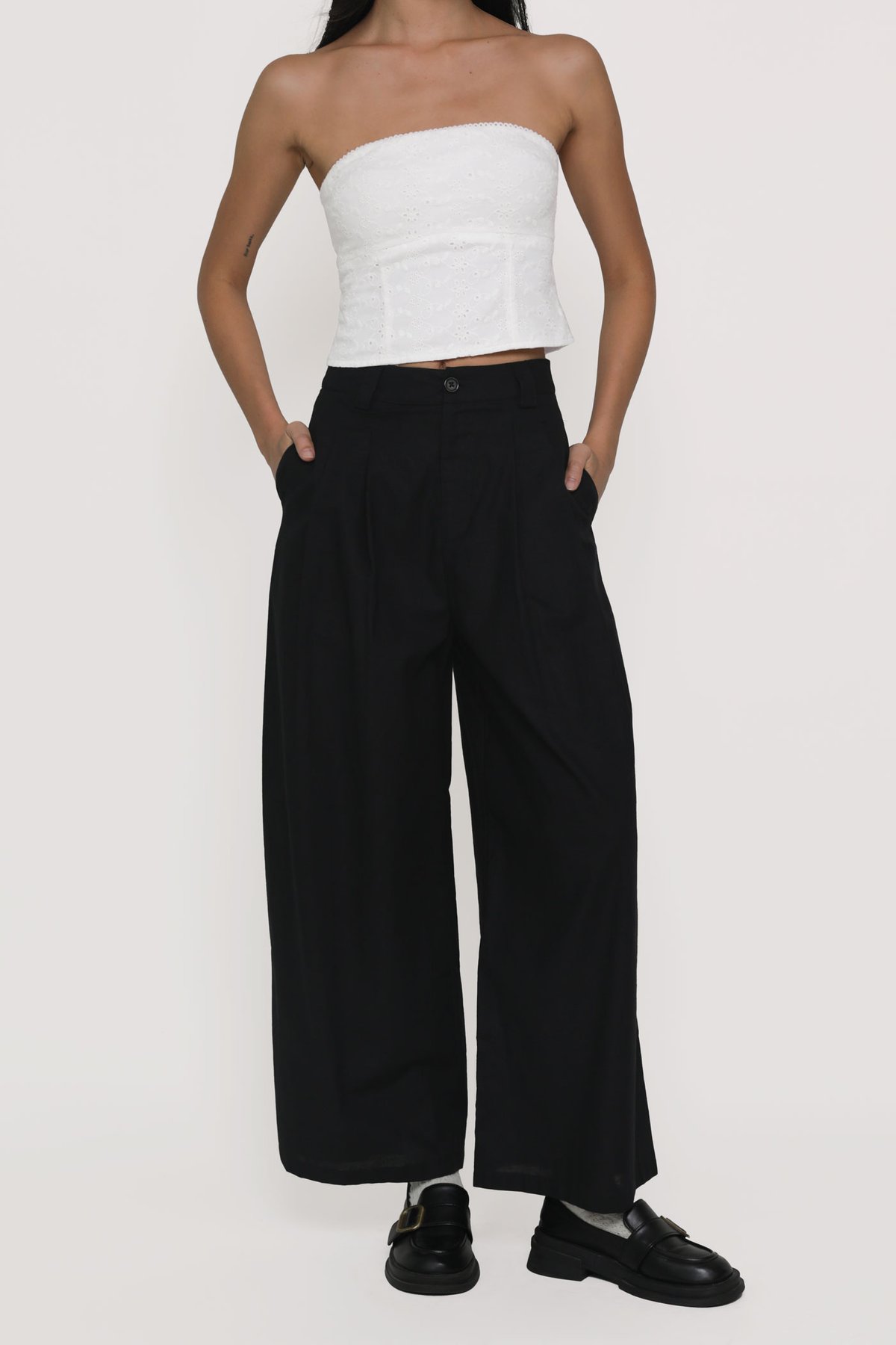 Petite Camila Wide Leg Linen Pants (Black)