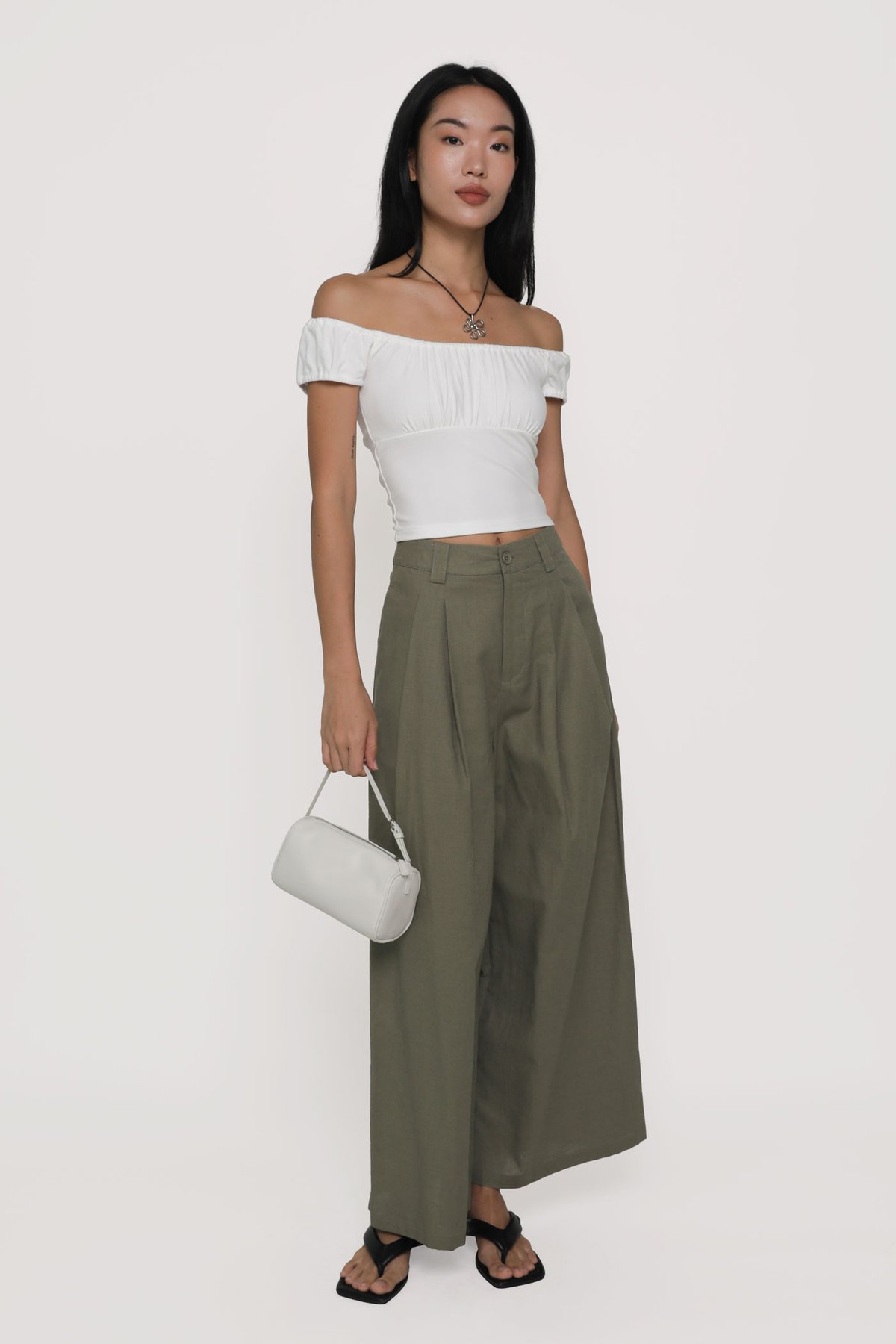 Petite Camila Wide Leg Linen Pants (Dark Olive)