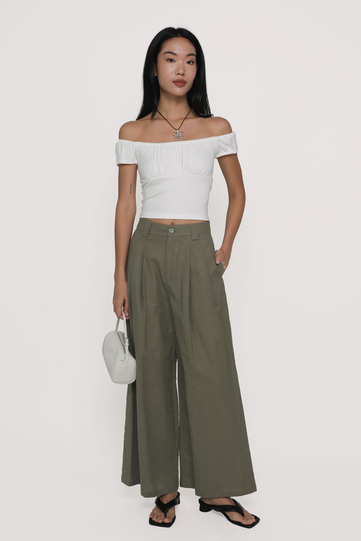 Petite Camila Wide Leg Linen Pants (Dark Olive)