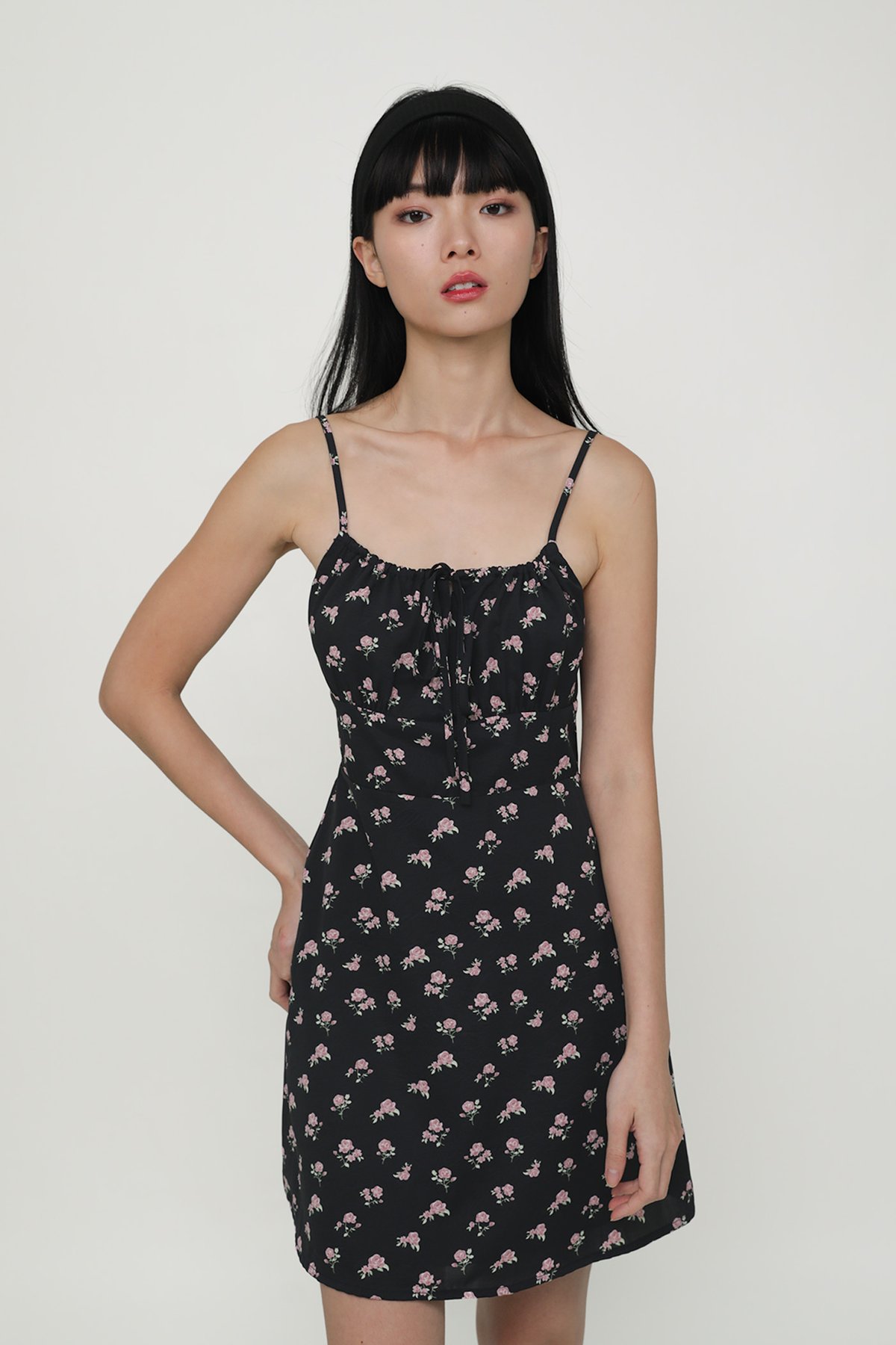 Maisey Ruched Front Dress (Black Florals)