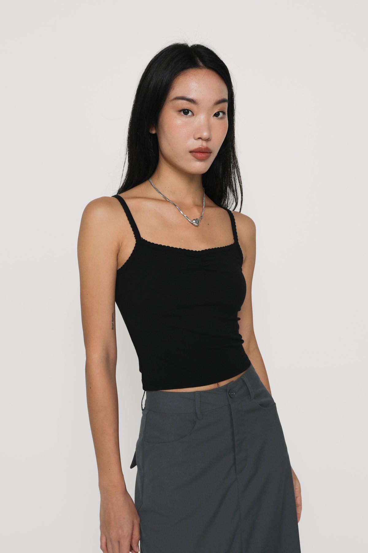 Melissa Crochet Ruched Basic Top (Black)