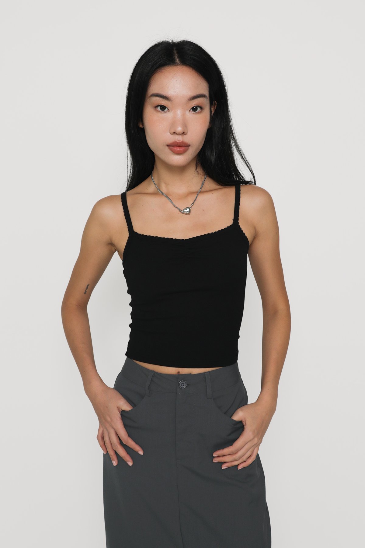 Melissa Crochet Ruched Basic Top (Black)