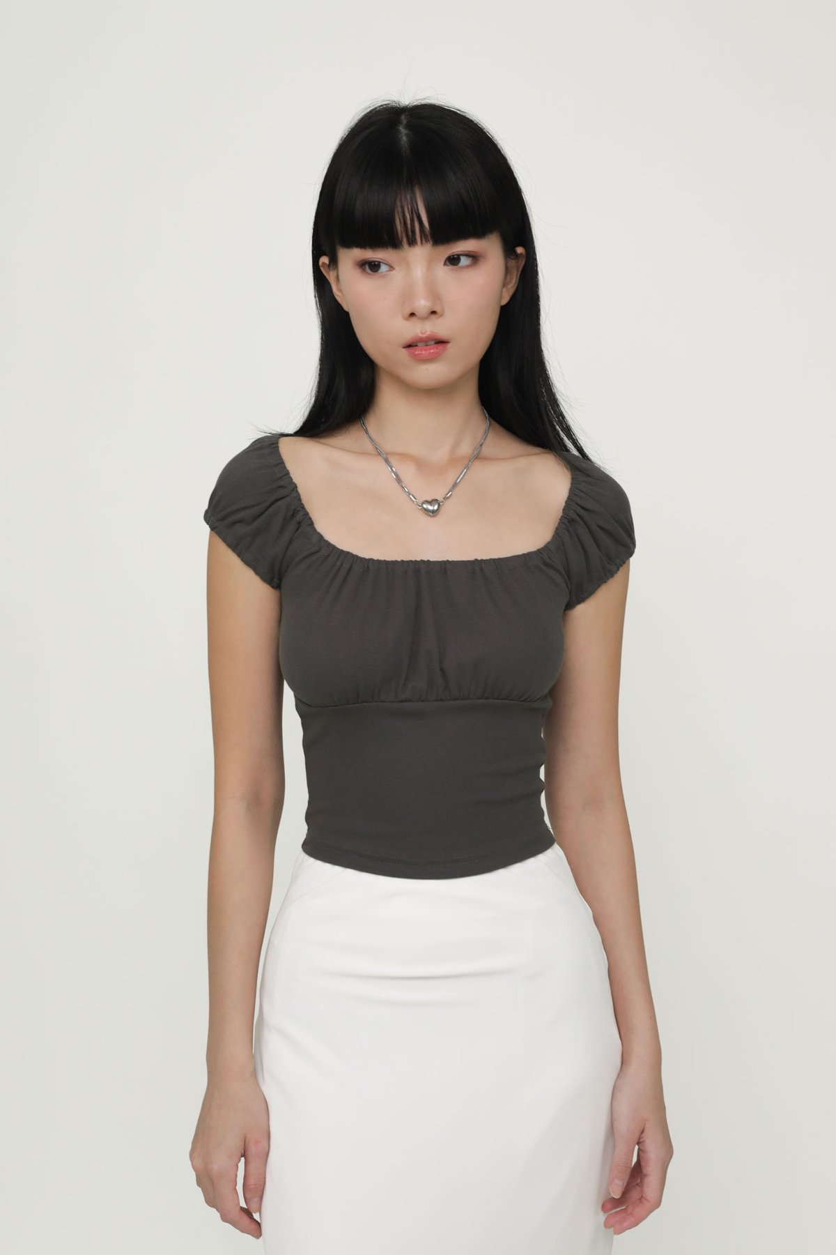 Pamela Ruched Basic Top (Dark Grey)