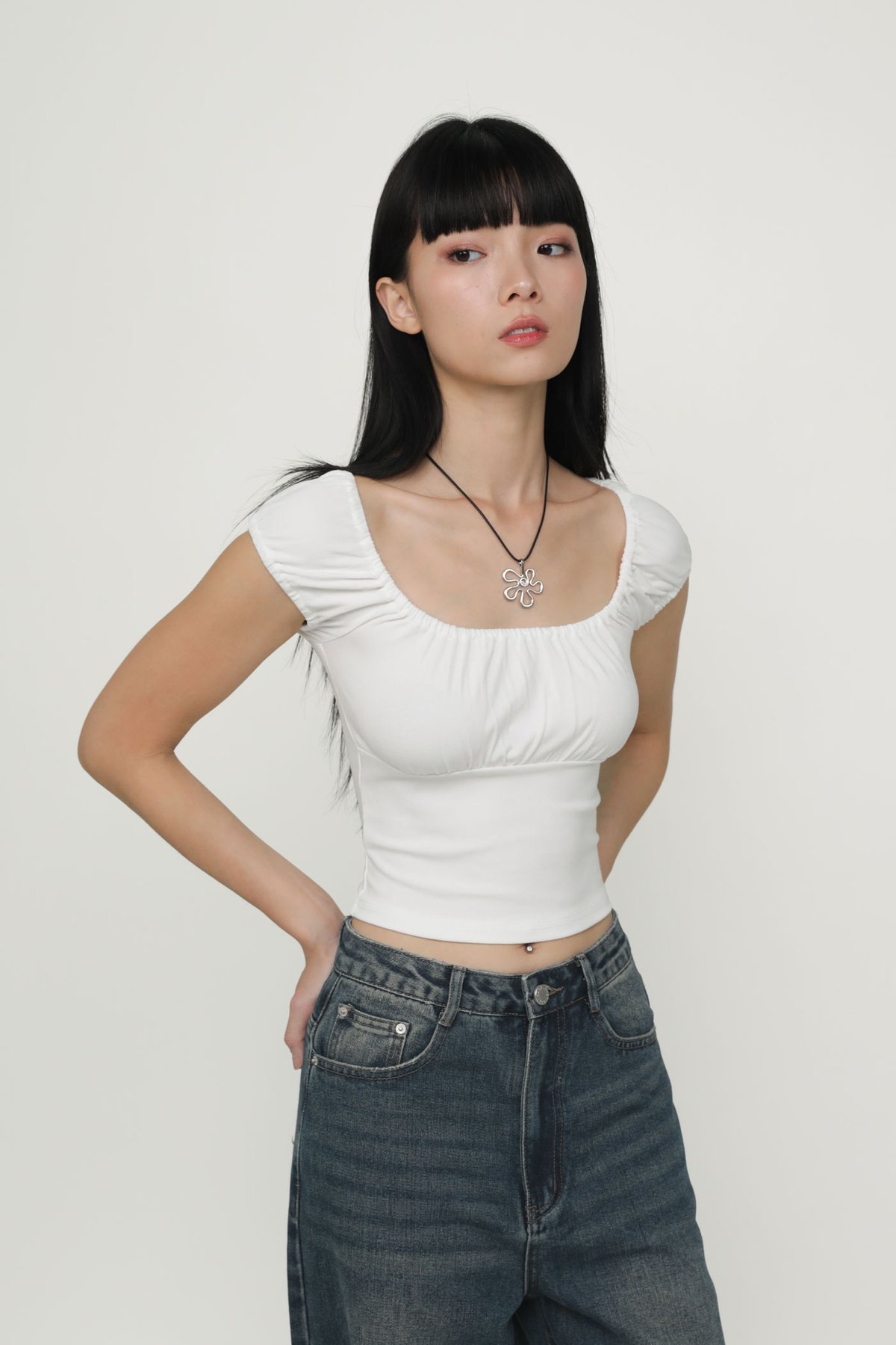 Pamela Ruched Basic Top (White)