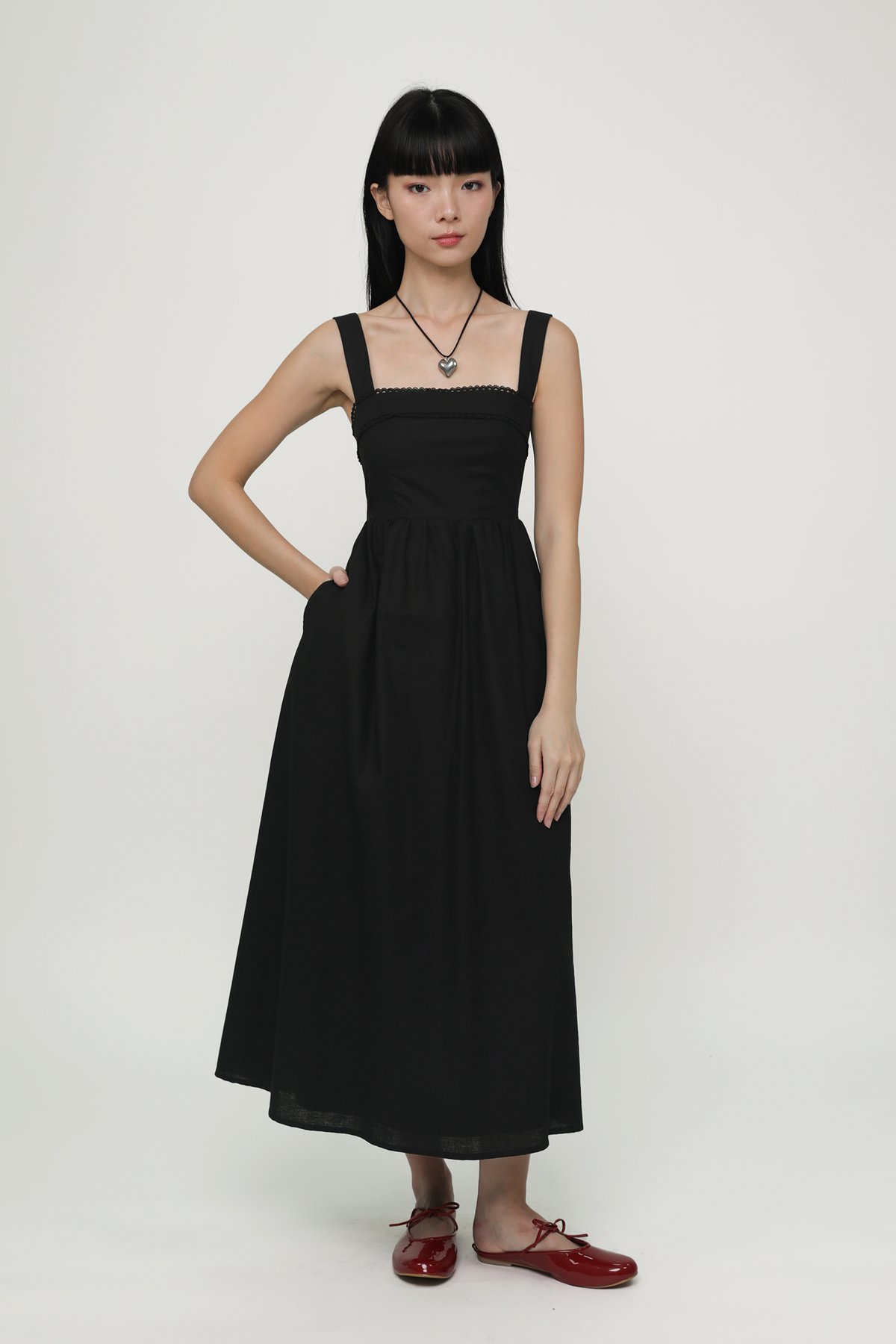 Vanya Crochet Trim Midaxi Dress (Black)