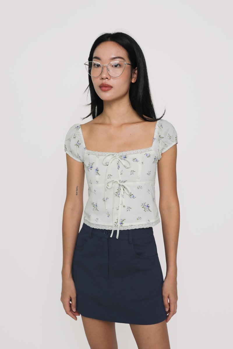 Daniella Bustier Puff Sleeve Top (White Blossoms) | The Tinsel Rack