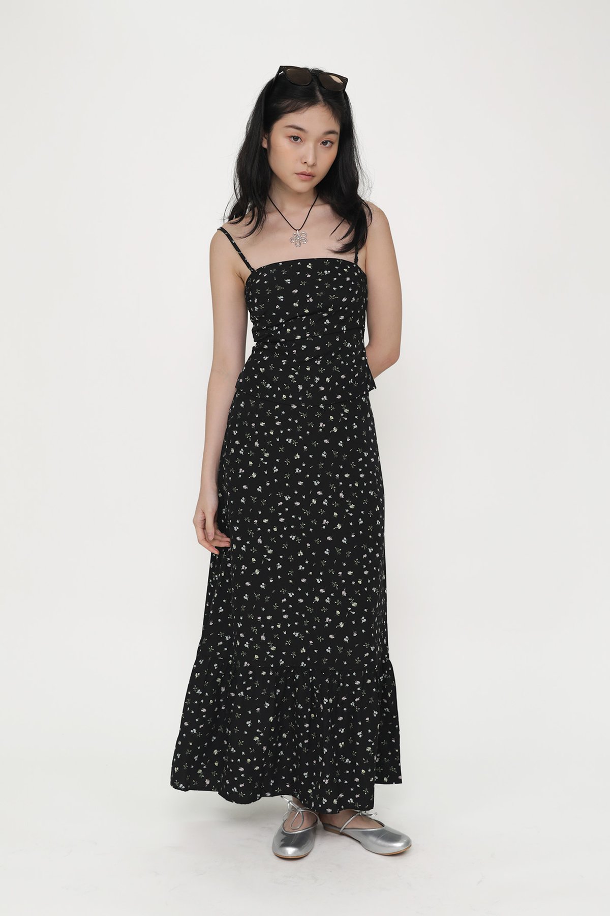 Charlene Tiered Maxi Skirt (Black Blooms)