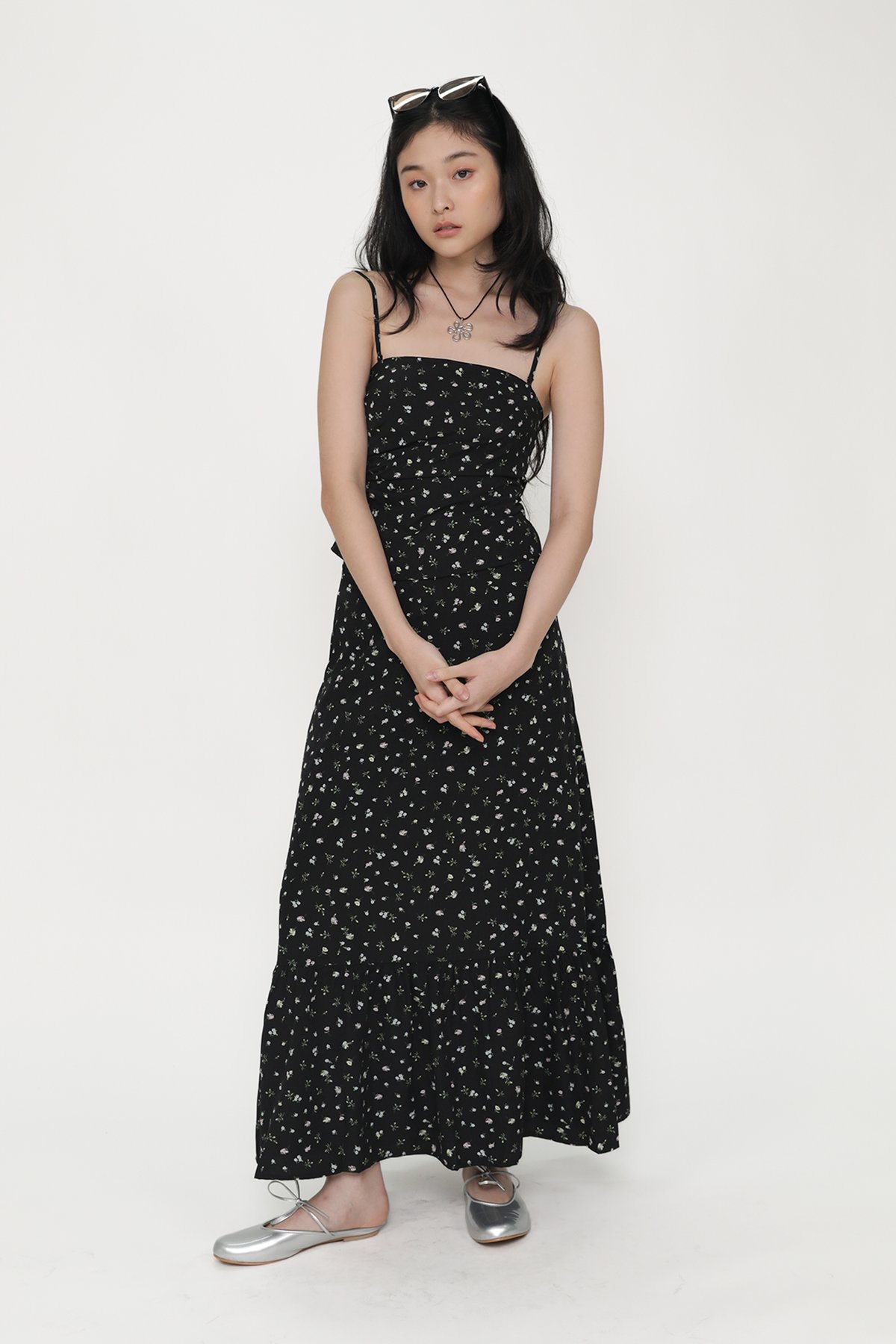 Charlene Tiered Maxi Skirt (Black Blooms)