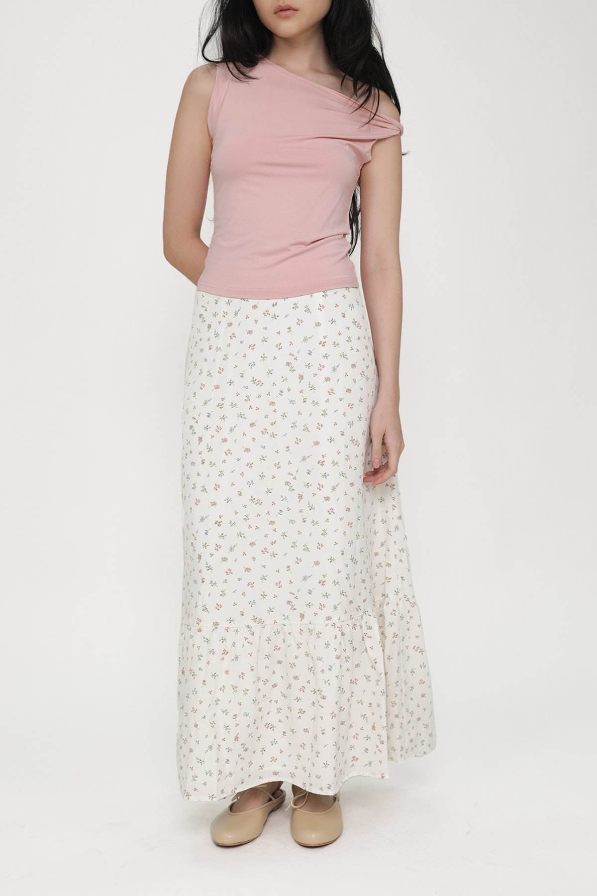 Charlene Tiered Maxi Skirt (Cream Blooms)