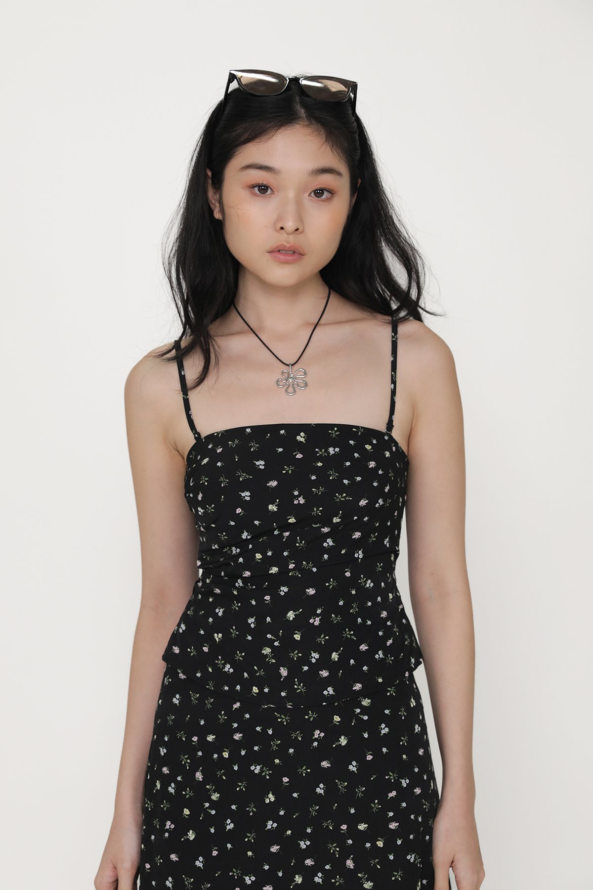 Clarisse Ruched Padded Top (Black Blooms)