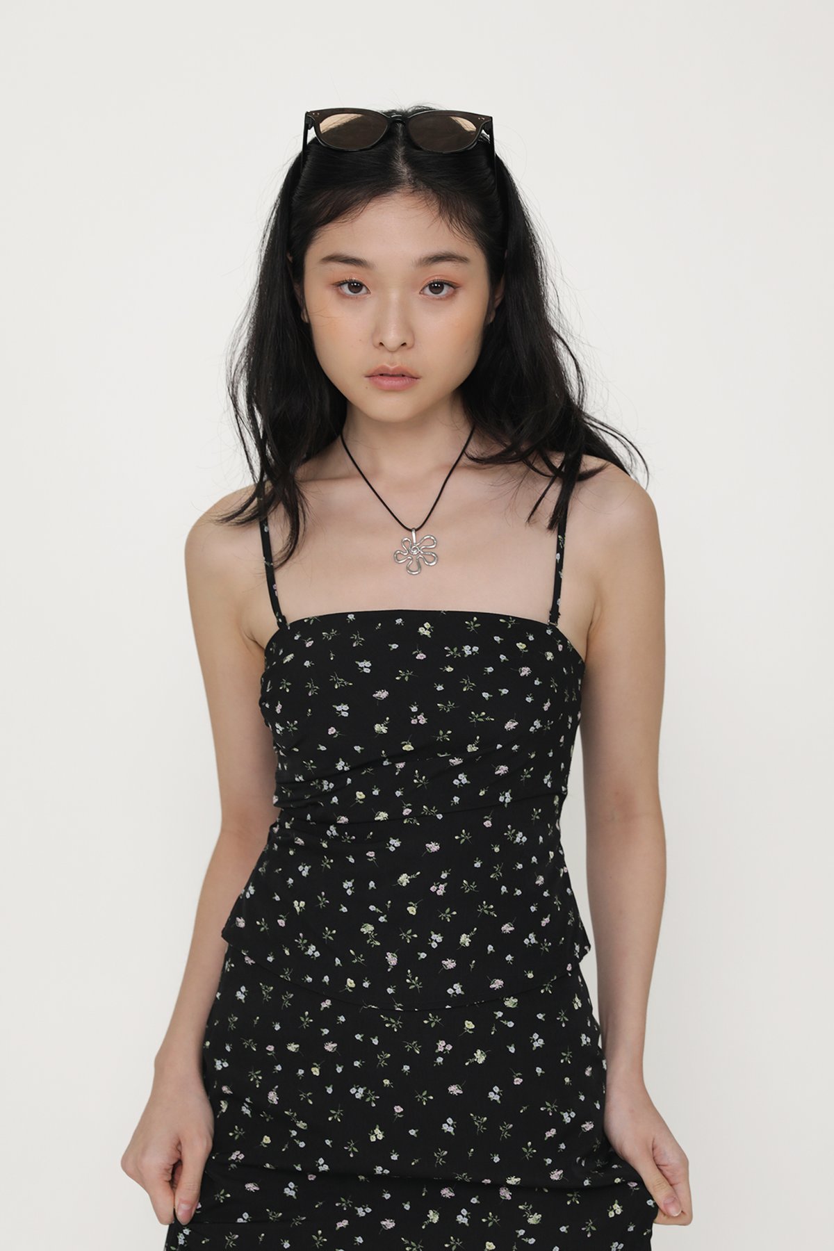 Clarisse Ruched Padded Top (Black Blooms)