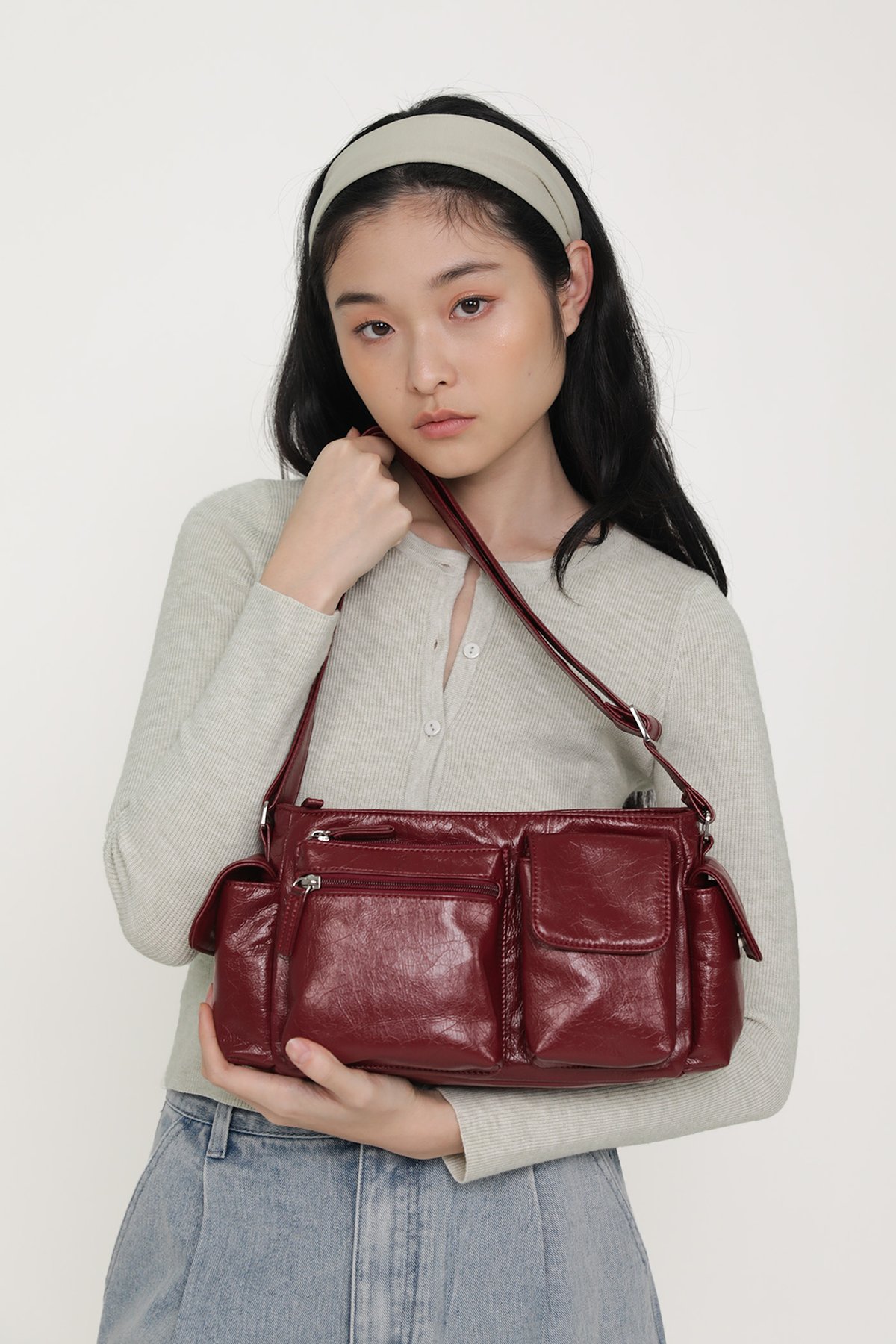 Freddy Leather Cargo Shoulder Bag (Dark Cherry)