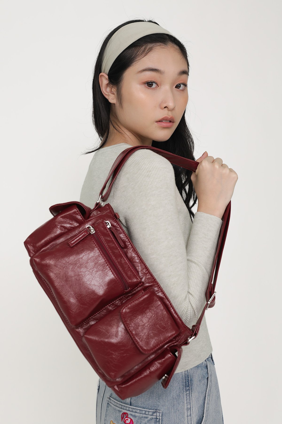 Freddy Leather Cargo Shoulder Bag (Dark Cherry)