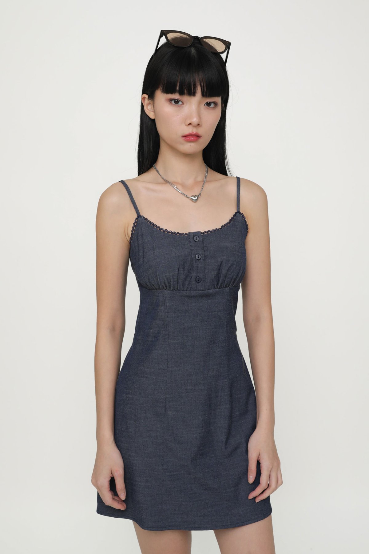 Katie Crochet Trim Mini Dress (Denim)