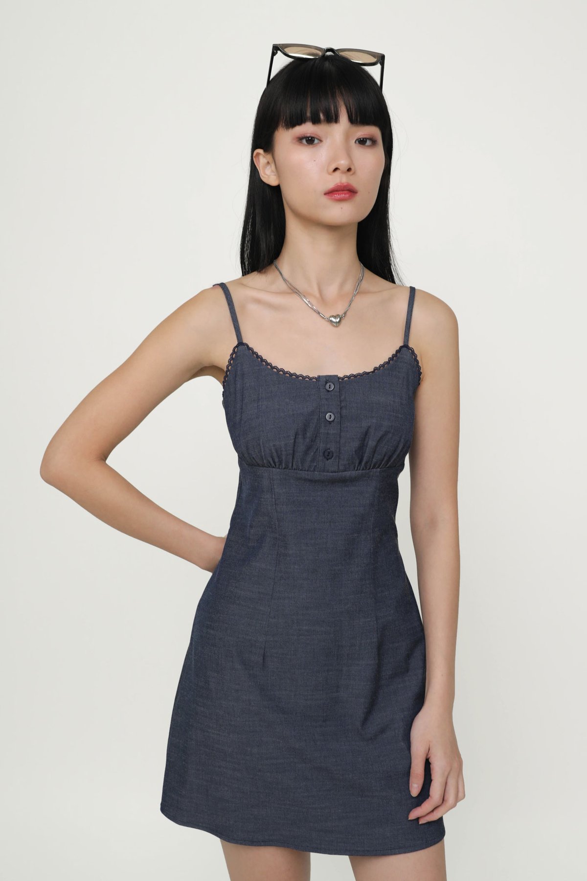 Katie Crochet Trim Mini Dress (Denim)