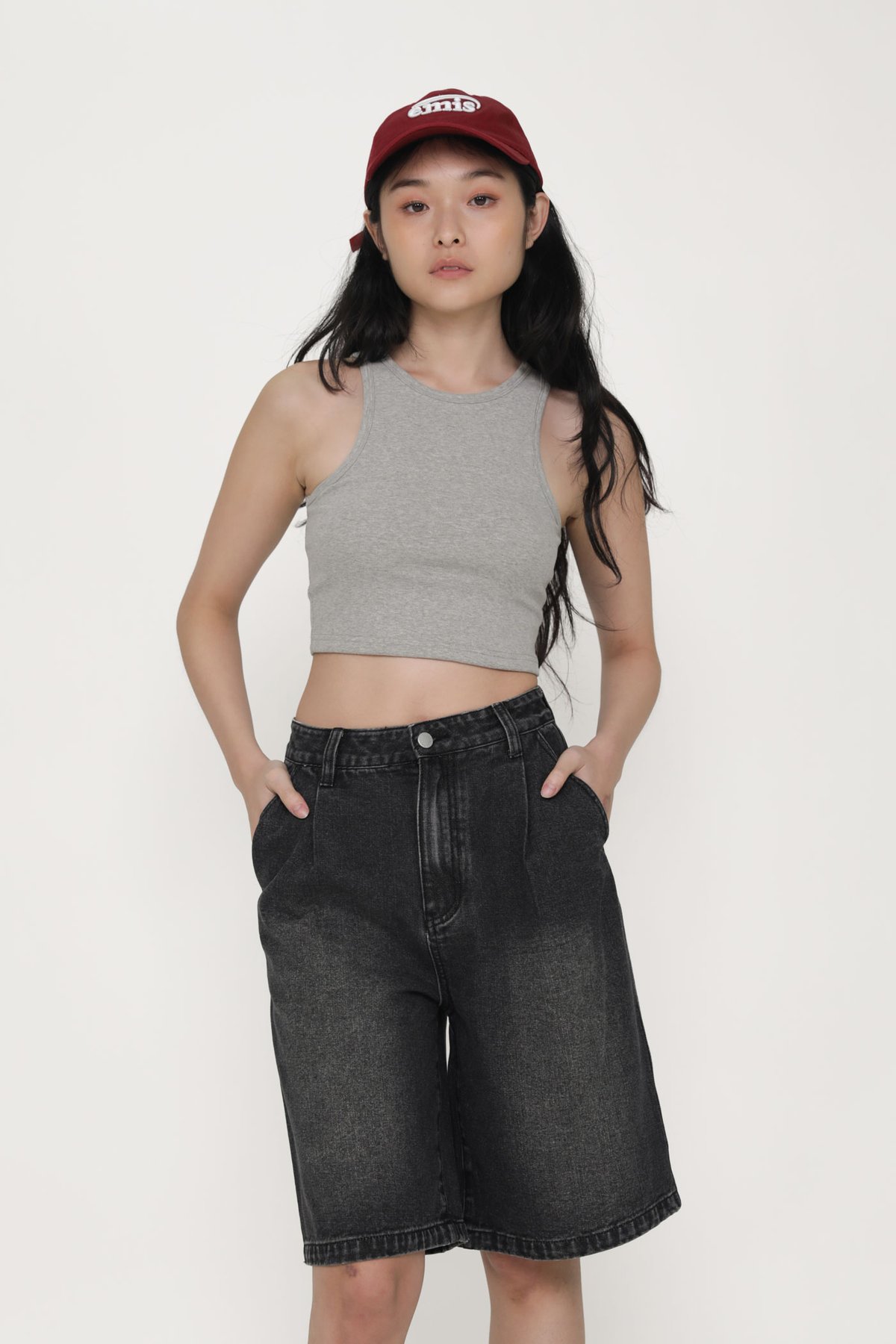 Keep Going Pleated Denim Jorts (Stone Grey)