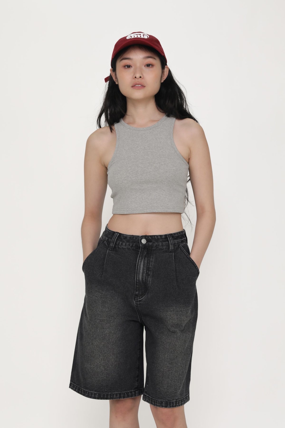 Keep Going Pleated Denim Jorts (Stone Grey)