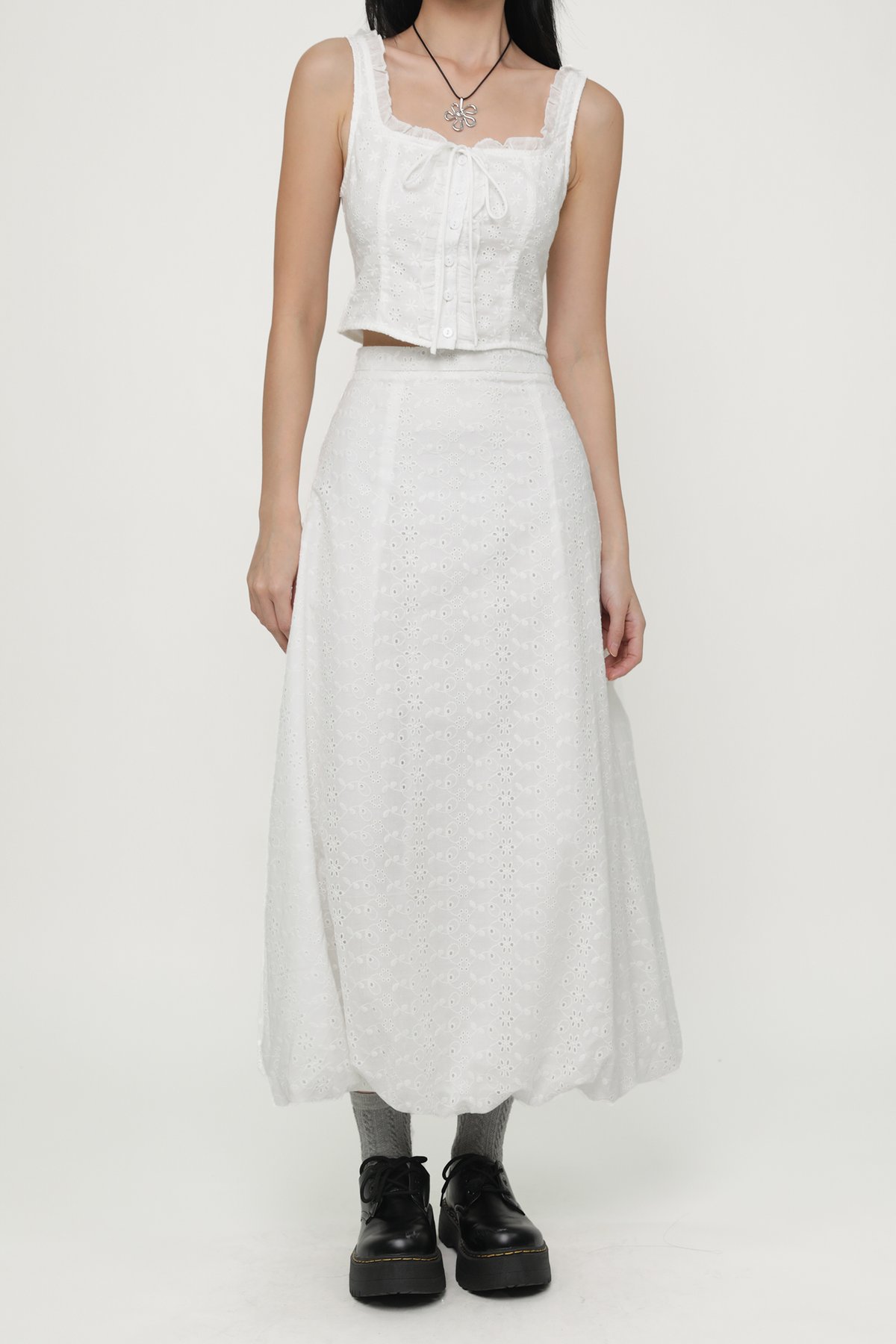 Linden Bubble Maxi Skirt (White Eyelet)