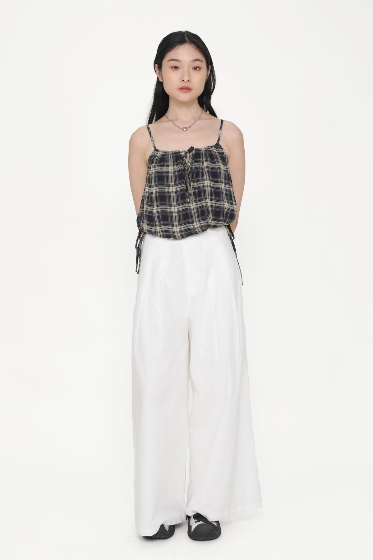 Maeve Drawstring Spag Top (Navy Plaids)