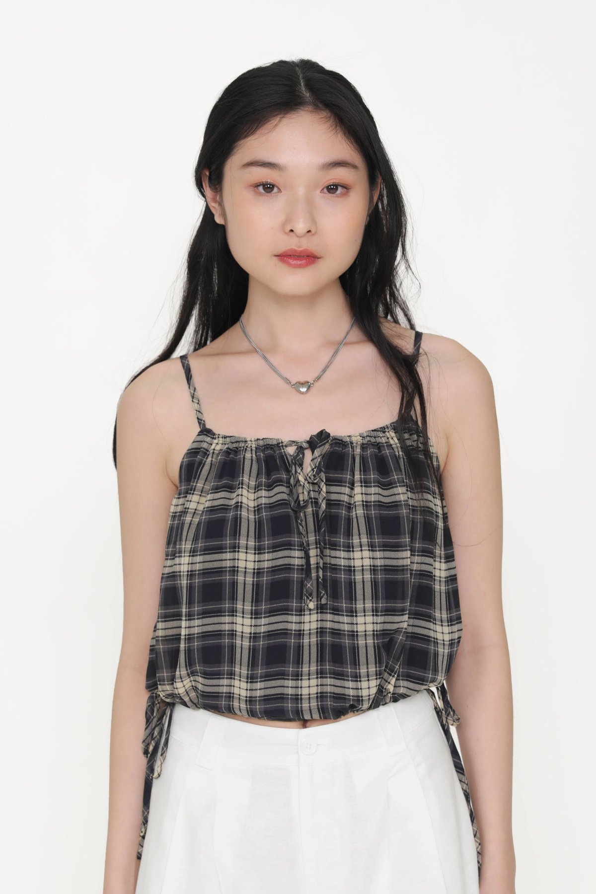 Maeve Drawstring Spag Top (Navy Plaids)