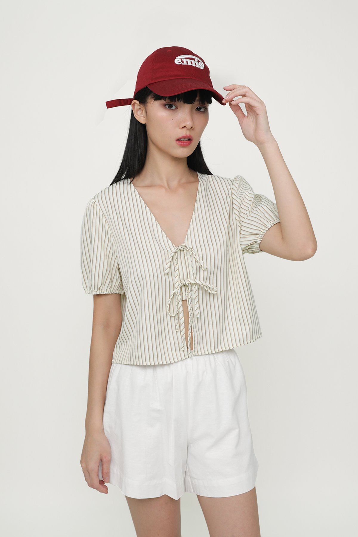 Maybelle Tie Front Puff Sleeve Top (Stripes)