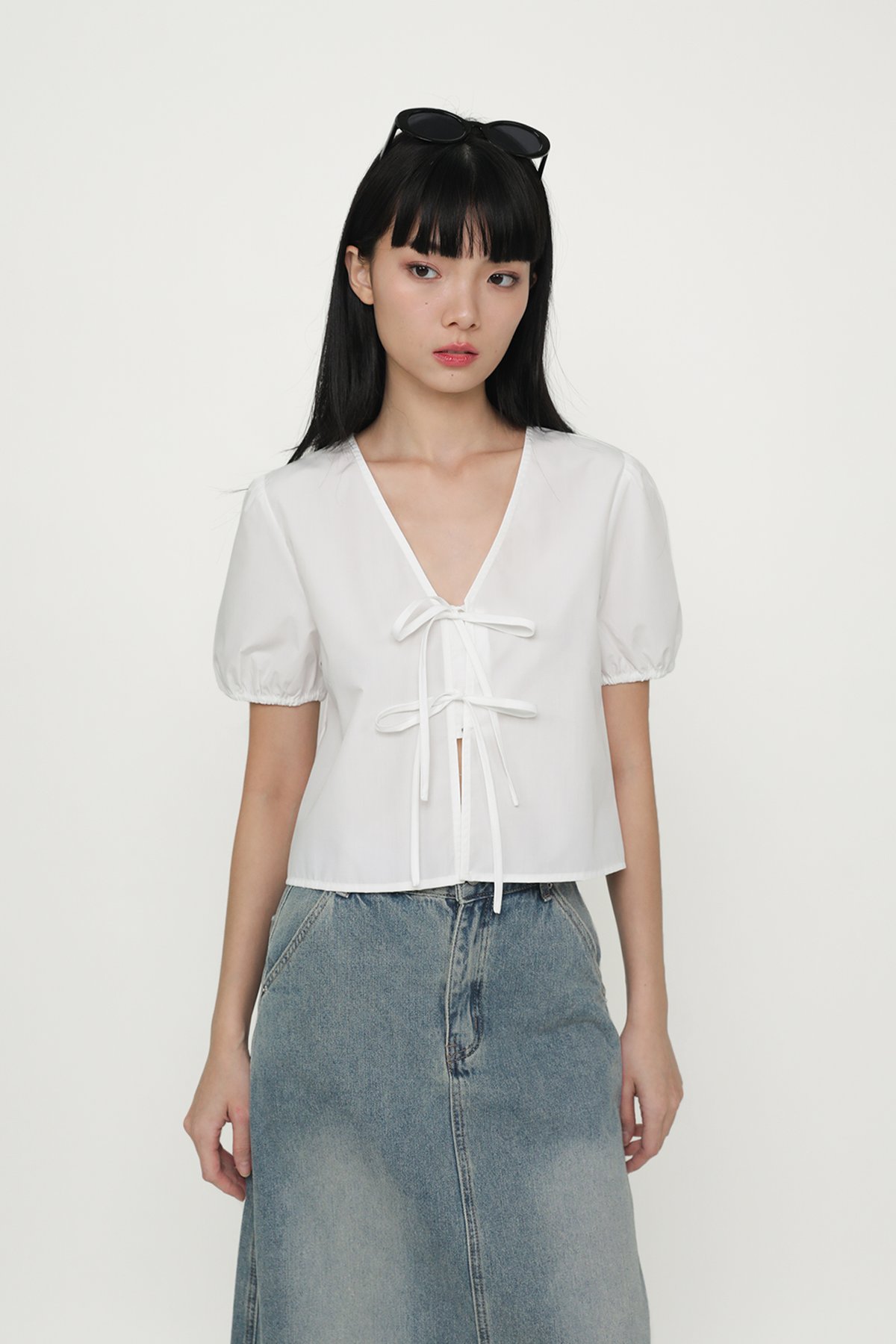 Maybelle Tie Front Puff Sleeve Top (White)