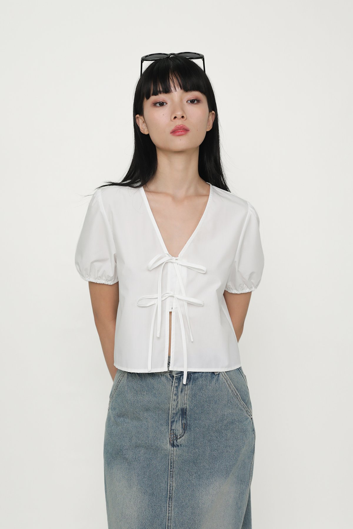 Maybelle Tie Front Puff Sleeve Top (White)