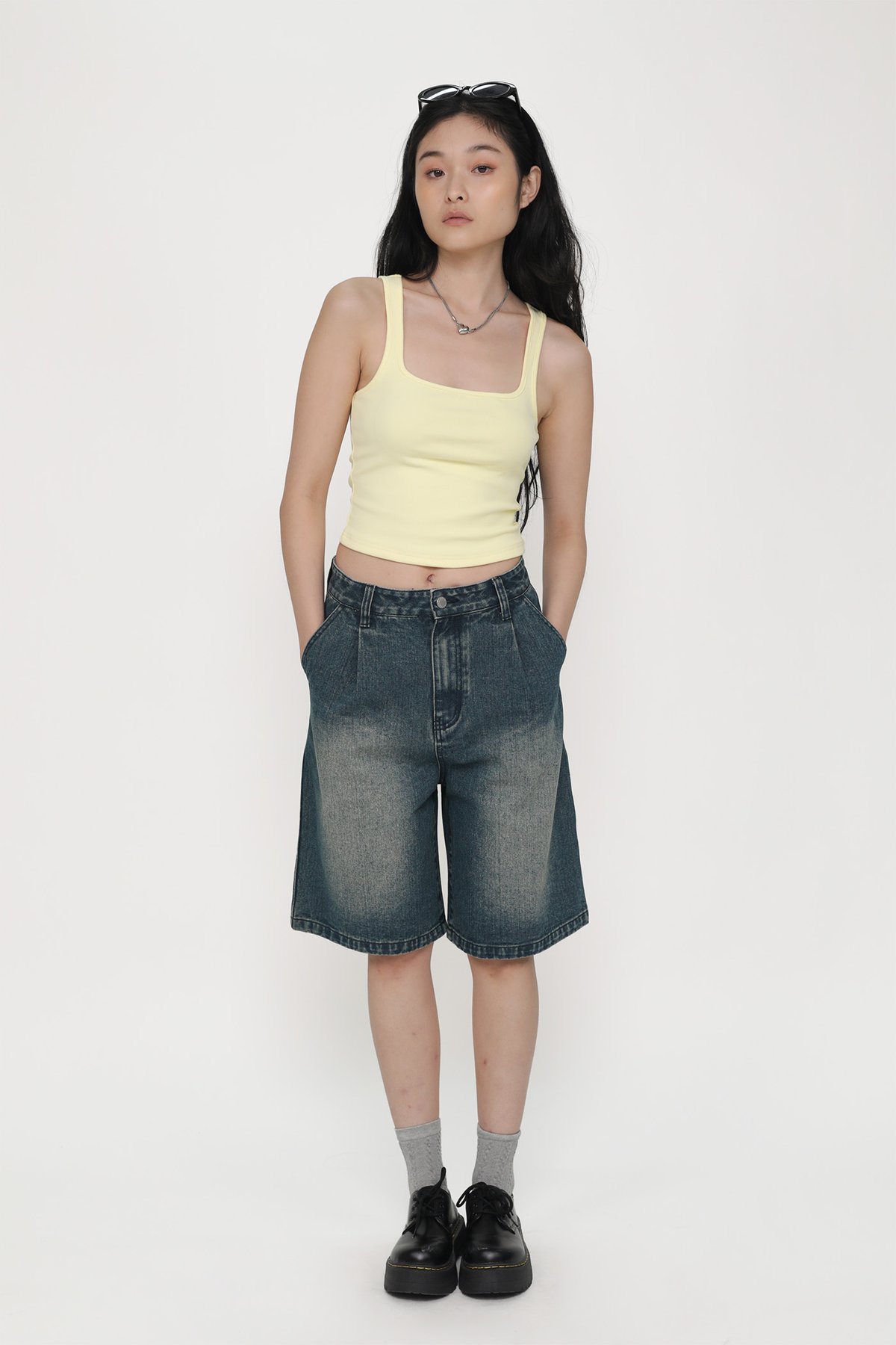 Keep Going Pleated Denim Jorts (Dark Vintage Wash)