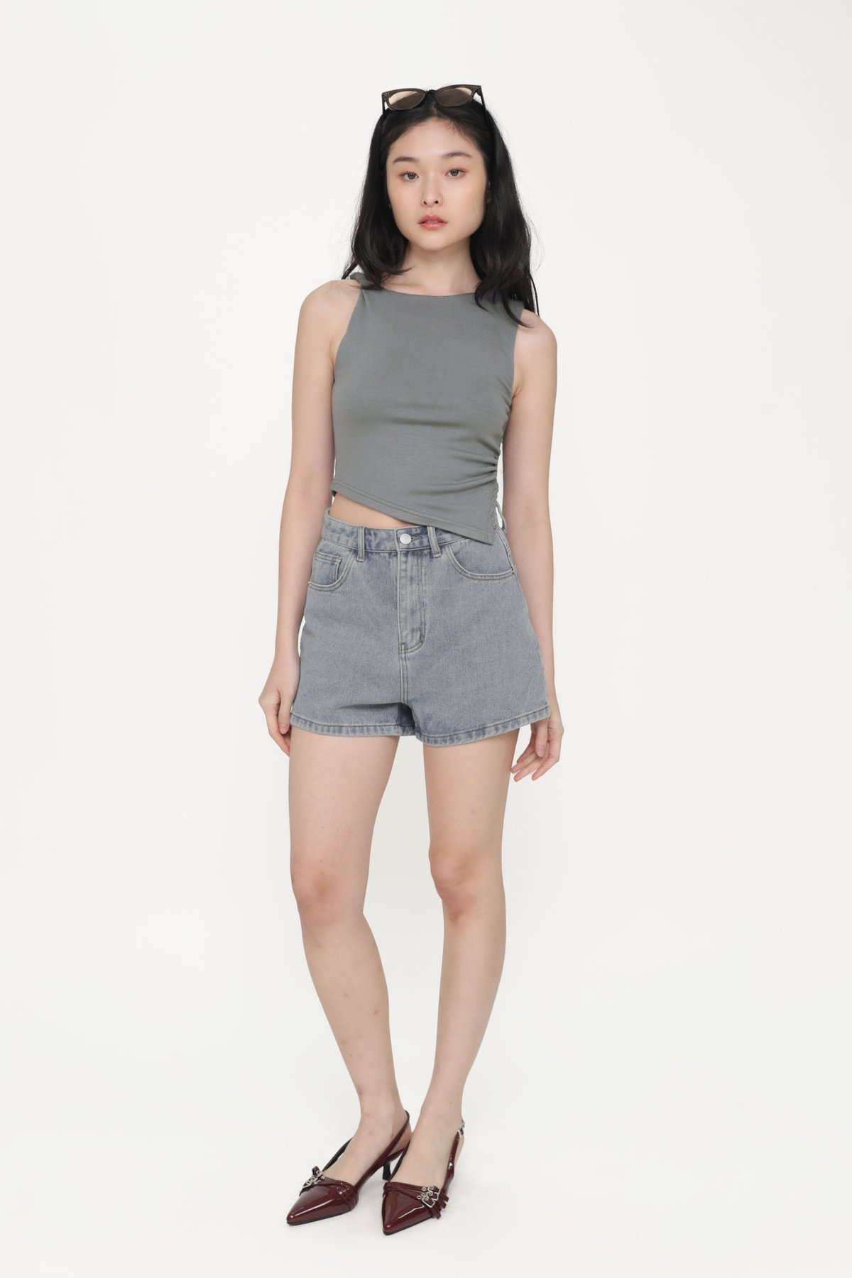 Vivian Asymmetrical Ruched Top (Grey)