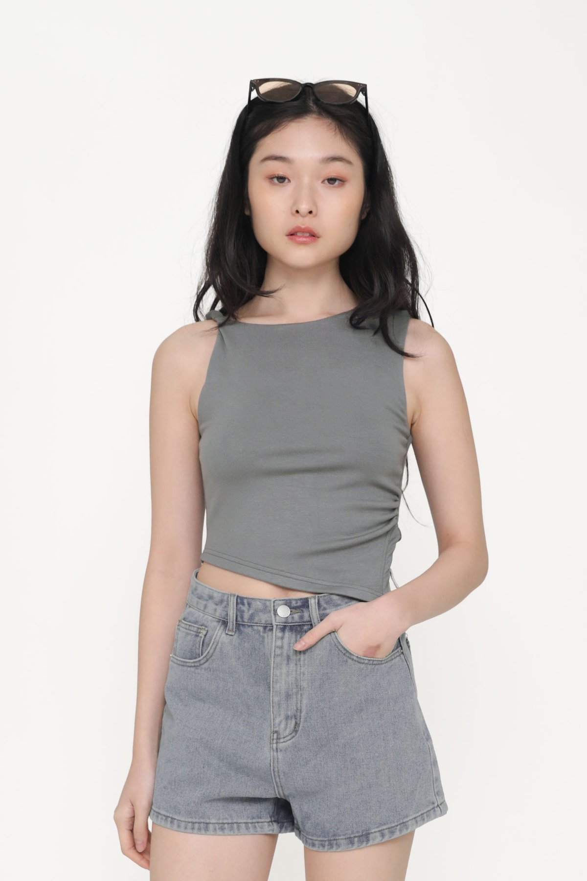 Vivian Asymmetrical Ruched Top (Grey)