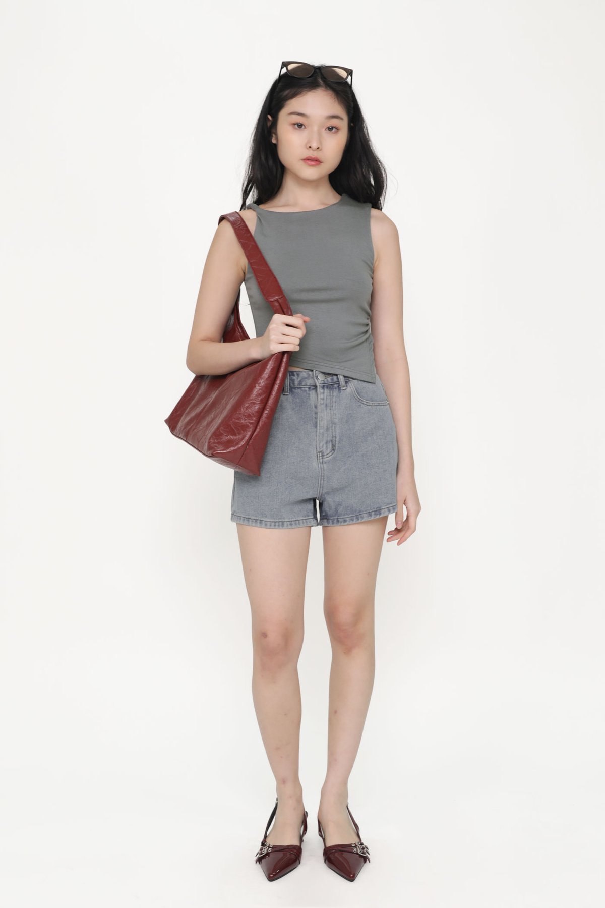 Vivian Asymmetrical Ruched Top (Grey)