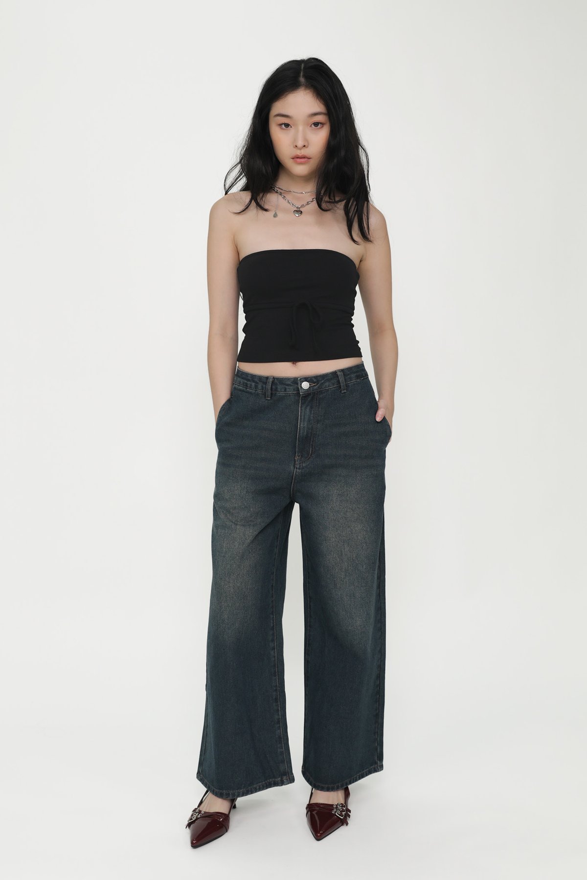 Xavier Wide Leg Mid Rise Denim Jeans (Dark Vintage Wash)