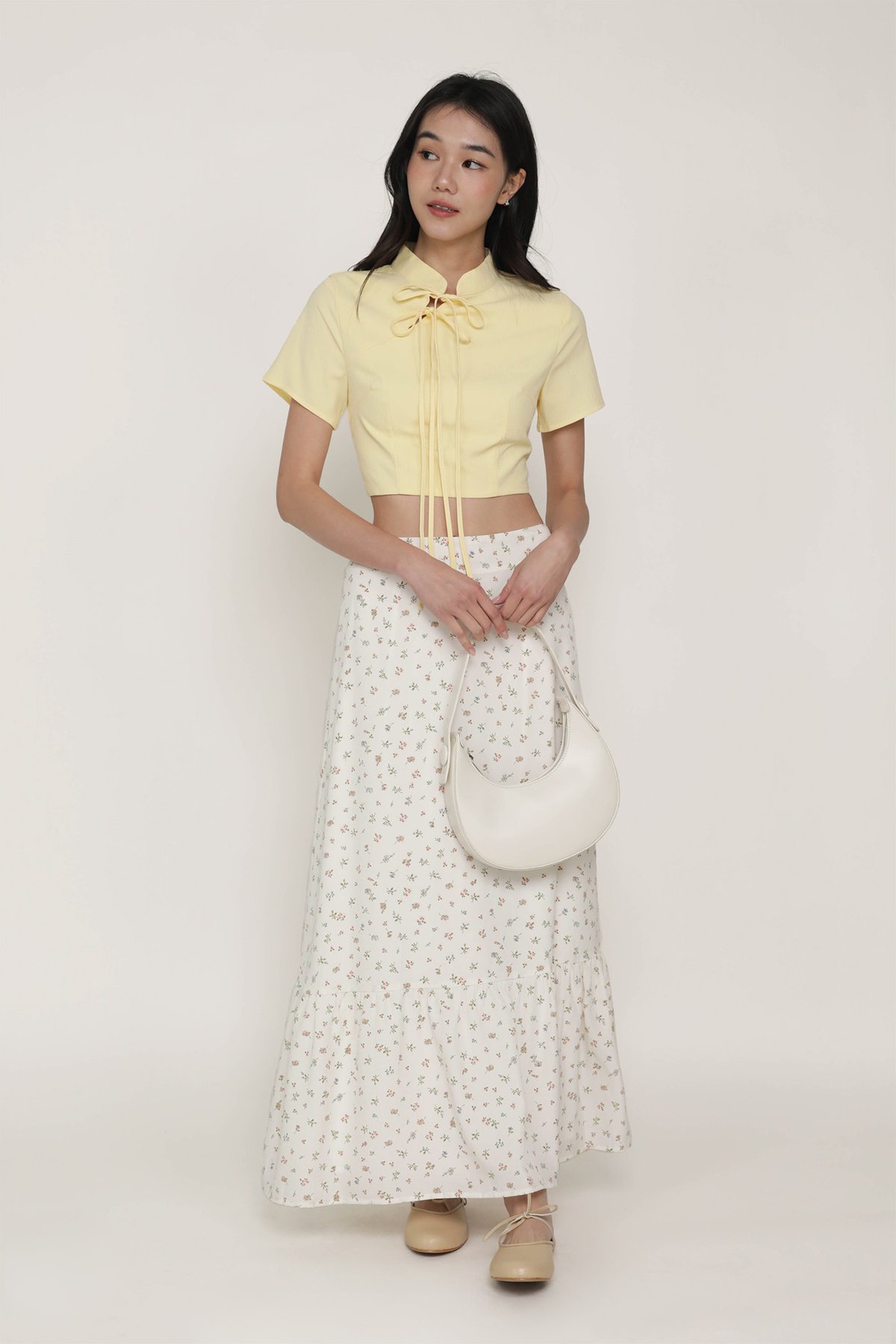 Arianne Mandarin Collar Ribbon Crop Top (Butter)