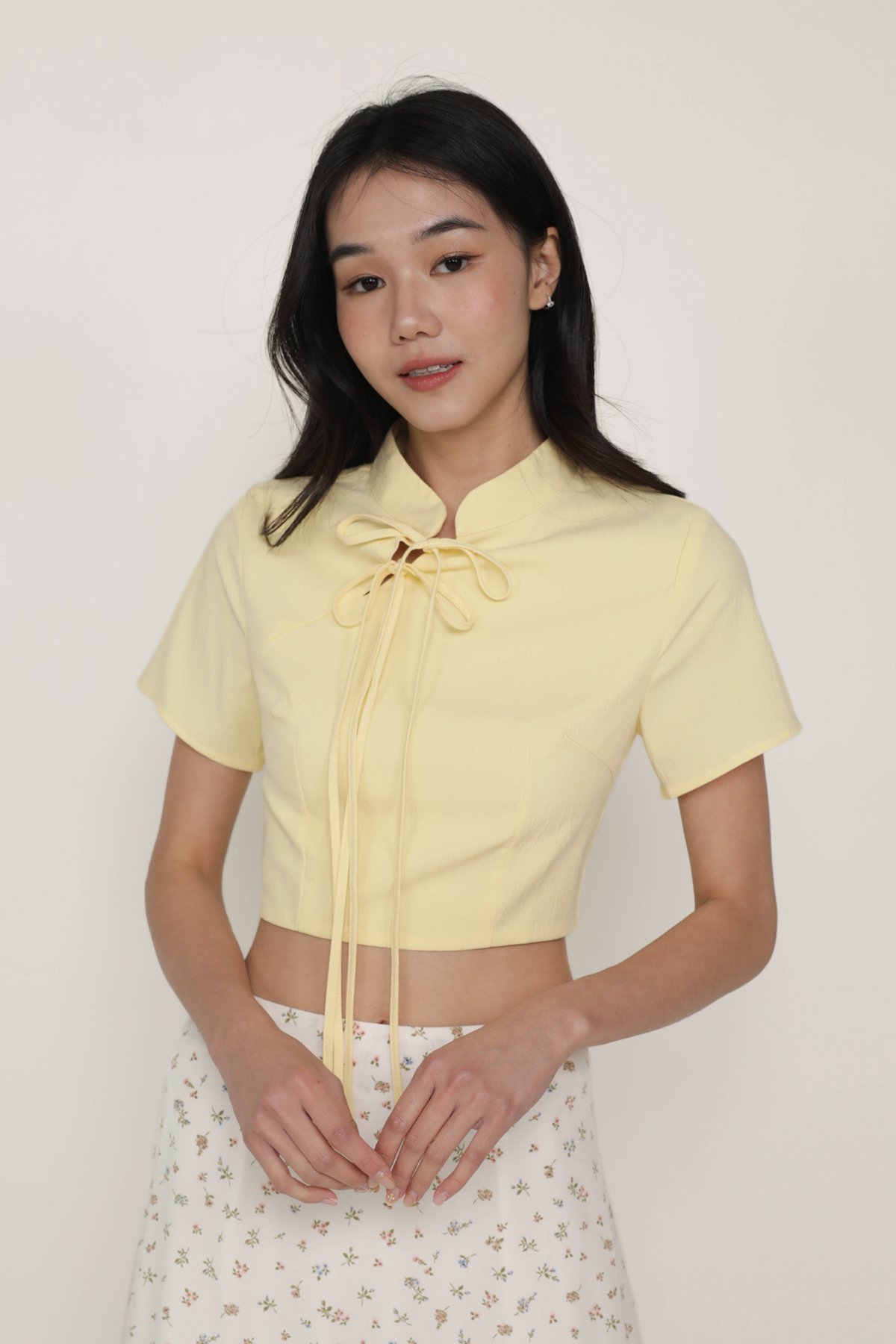 Arianne Mandarin Collar Ribbon Crop Top (Butter)