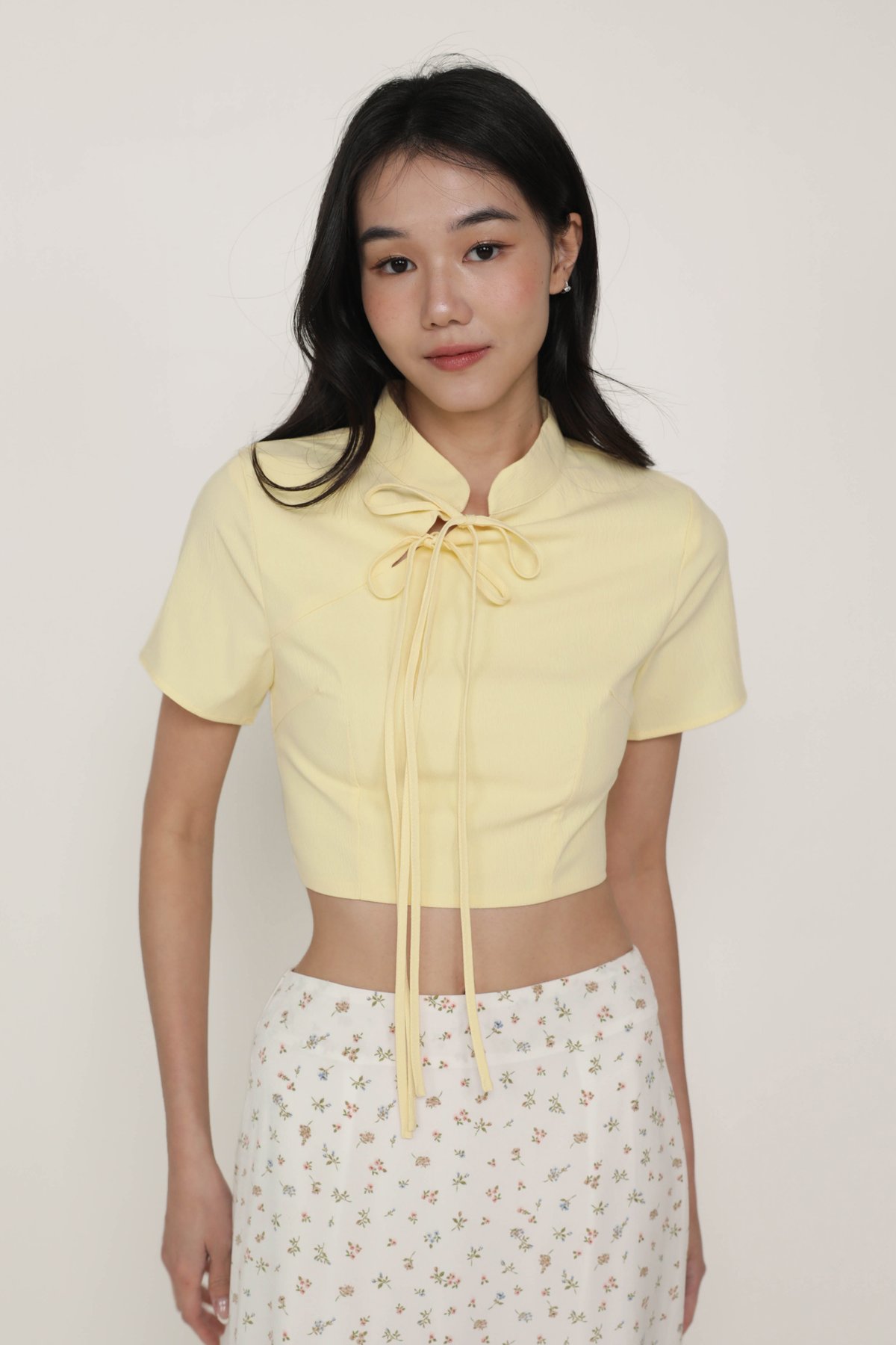 Arianne Mandarin Collar Ribbon Crop Top (Butter)